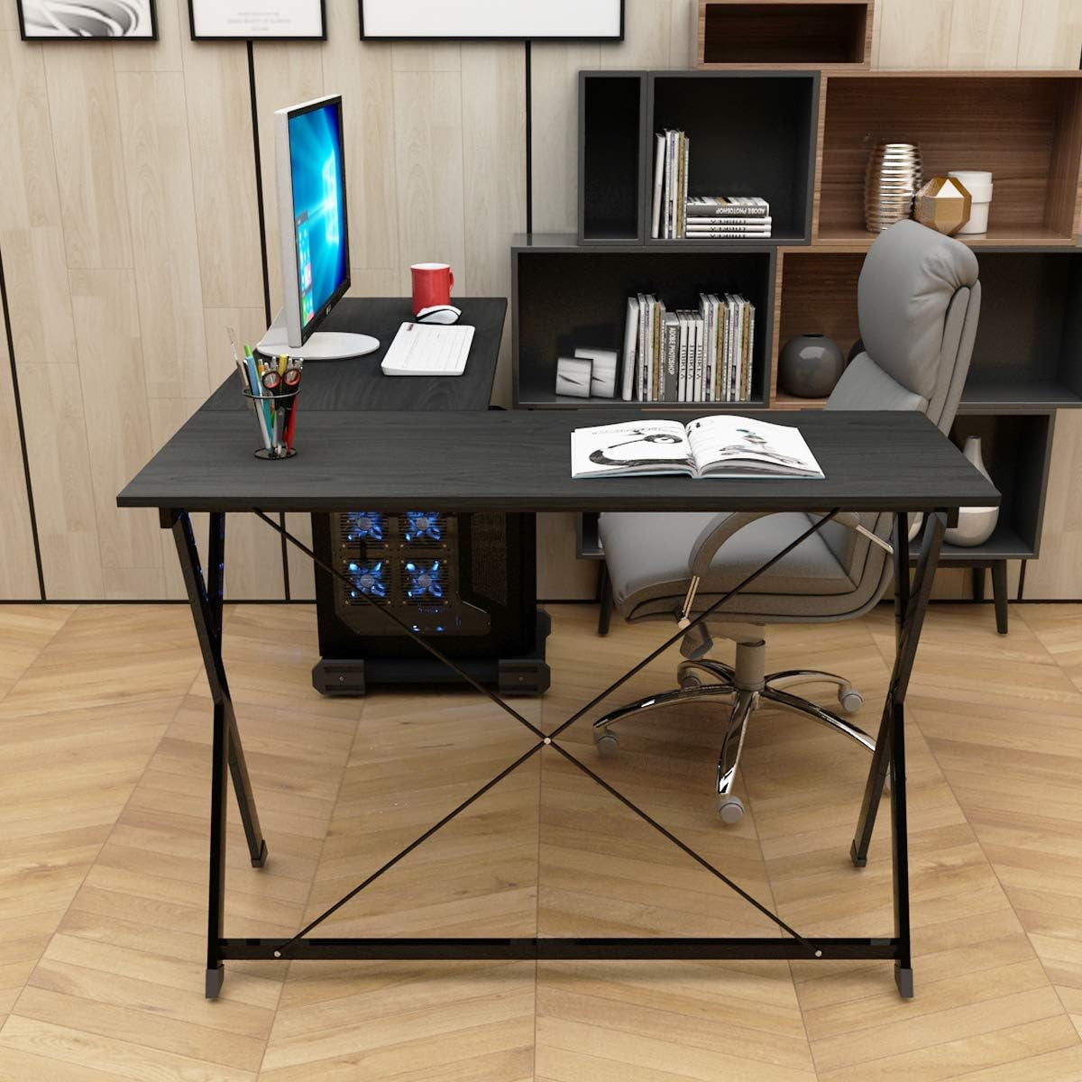 L-Shaped Desk Corner Table Computer Desk Workstation Desk PC Laptop Office Desk L Desk, Black BHUS-ZJ1-BK