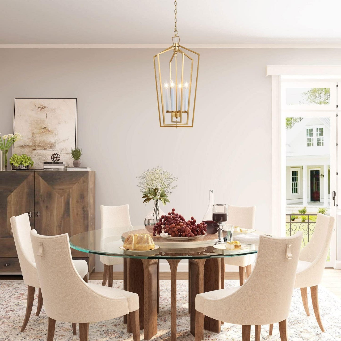 Gold Chandelier, 4-Light Gold Lantern Pendant Light with Adjustable Framework for Kitchen, Dining Room, 14" W X 28.3" H