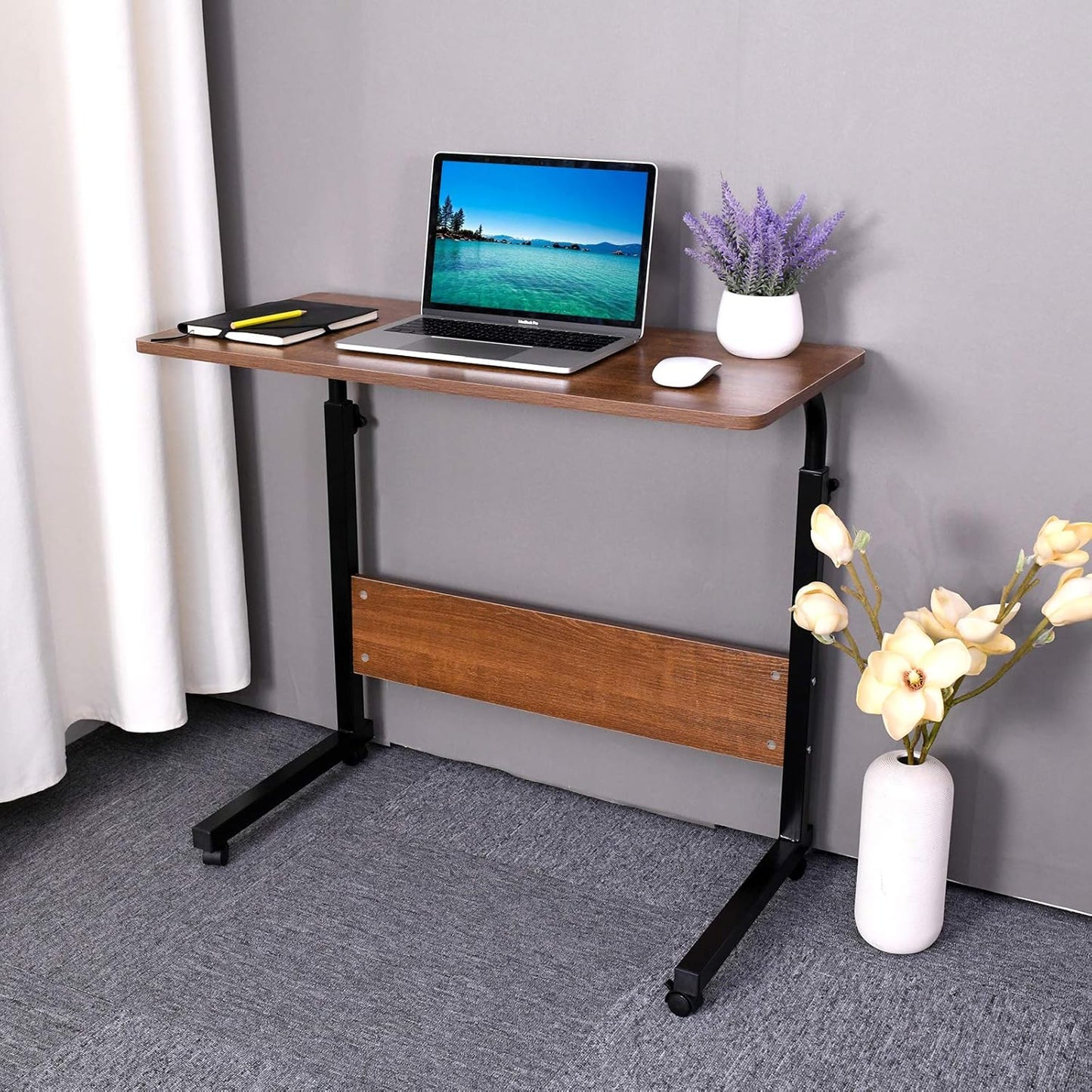 Portable Desk, Rolling Desk Portable Laptop Desk with Wheels, Laptop Cart Desk Cart Adjustable Side Table, Small Laptop Desk Tray Table Sofa Desk Bedside Table,Oak 31.5X15.7 Inch