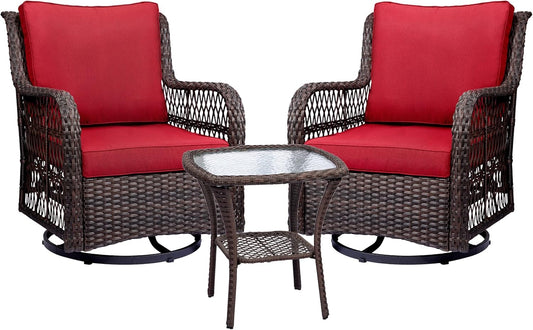 3 Pieces Outdoor Wicker Swivel Rocker Patio Set, 360 Degree Swivel Rocking Chairs Elegant Wicker Patio Bistro Set with Premuim Cushions and Armored Glass Top Side Table for Backyard (Rust)