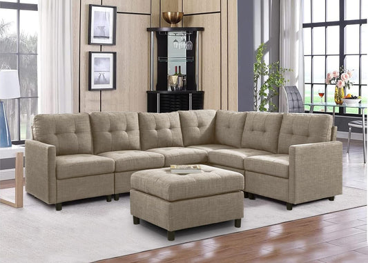 Sectional Couches Living Room Sofa Set Modular Sectional Sofa with Ottoman 6 Seater L-Shape Corner Couch Furniture Sets, Linen Grey