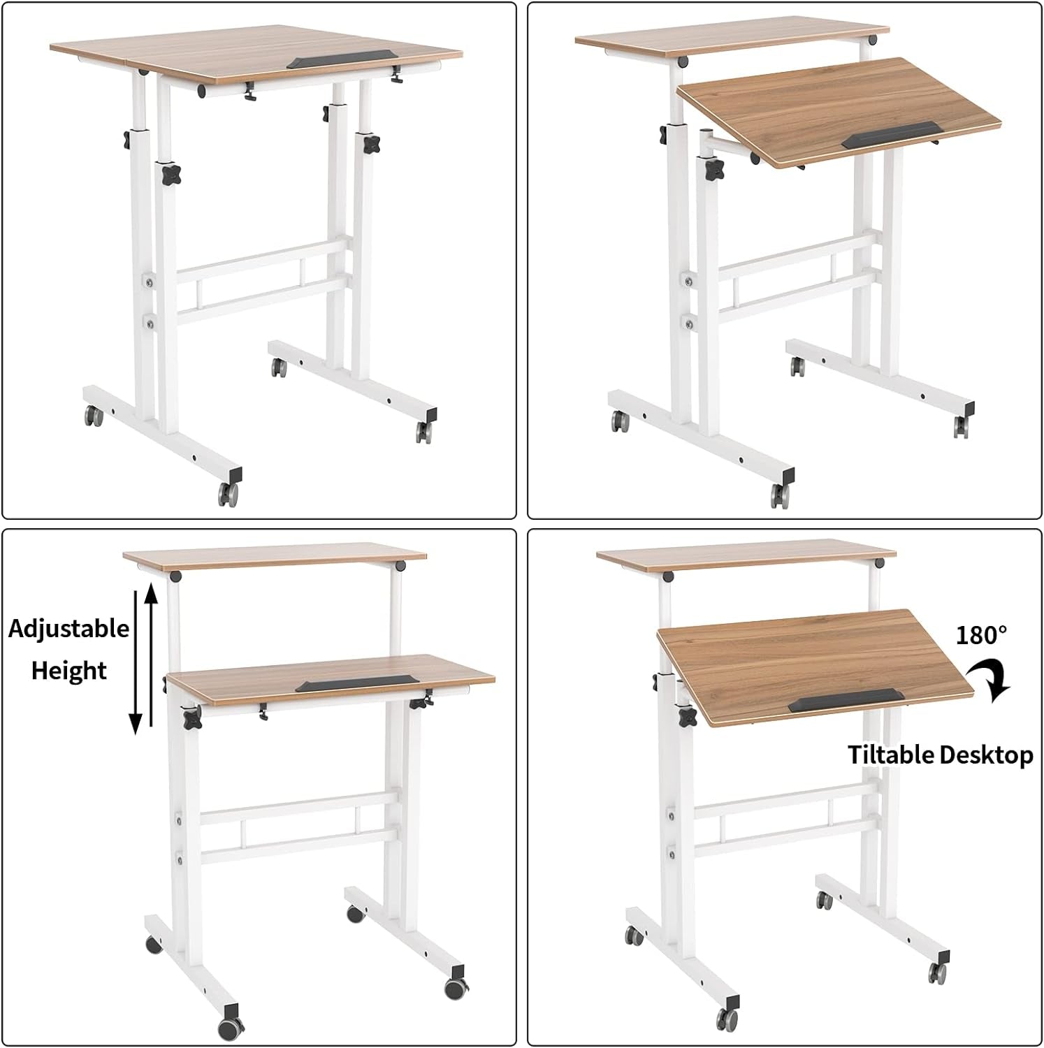 Mobile Standing Desk Stand up Desk Rolling Desk, Stand Sit Desk Mobile Computer Desk Adjustable Standing Desk 23.6Inches Table Workstation Mobile Desk Cart Tray Oak