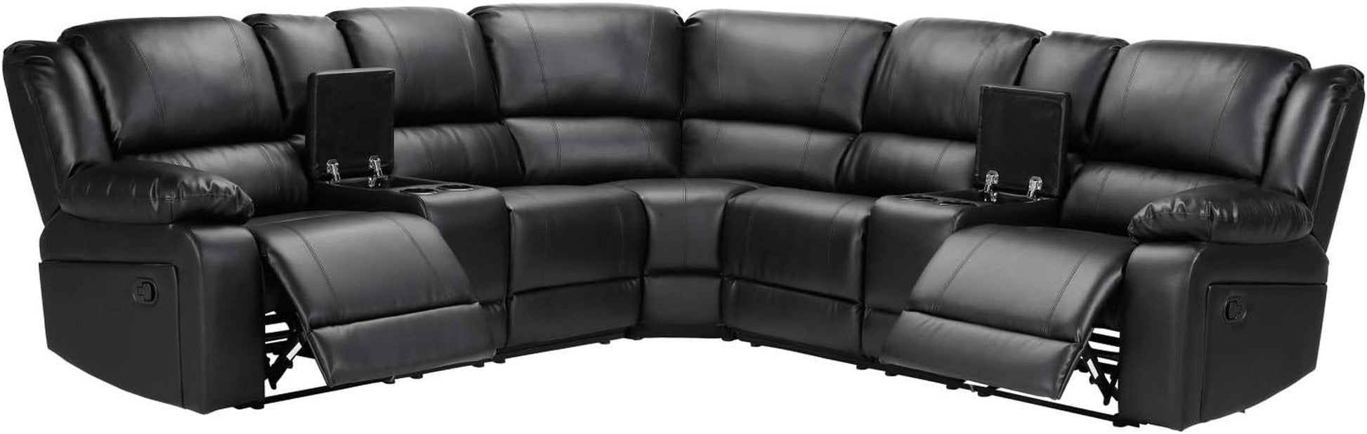 Symmertrical Reclining Sectional Sofa, Leather Sectional Sofa with Manual Recliner and 2 Cup Holder, Corner Sofa Couch with 2 Center Consoles, Large Sectional Couches for Living Room (Black)