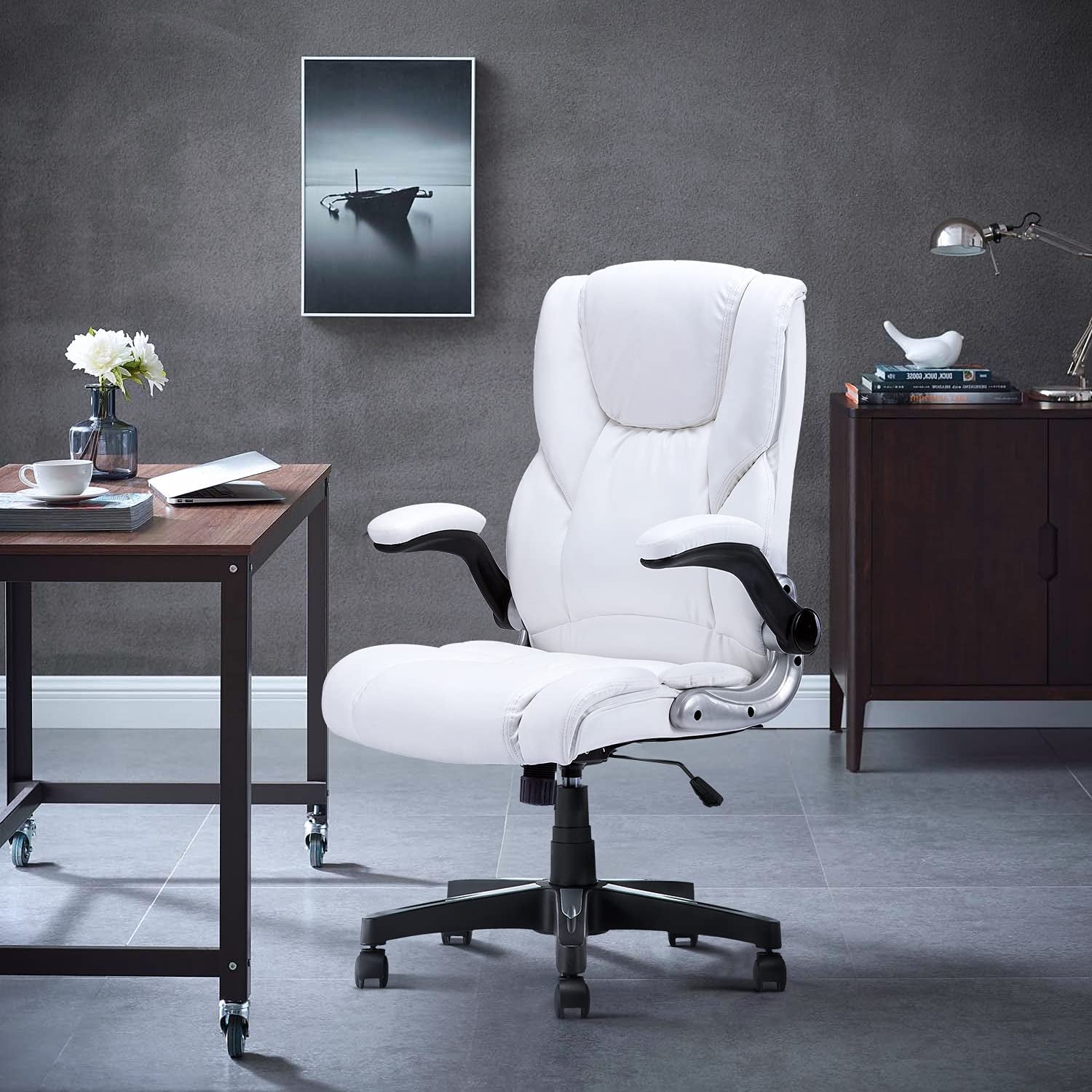 Home Office Desk Chair Comfortable Leather Computer Chairs Executive Office Chair with Armrests, White