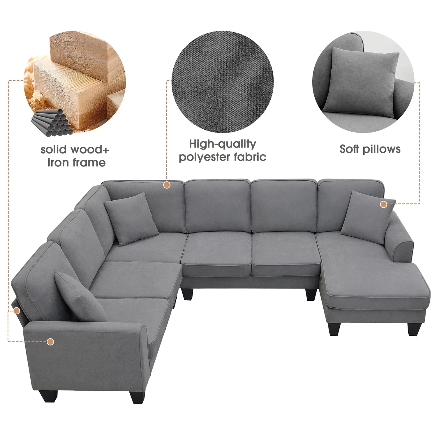 Convertible Modular Sectional Sofa with Chaise and Recliner,U Shaped Couch 7 Seat Fabric Sleeper Sofa for Living Room,Dark Gray