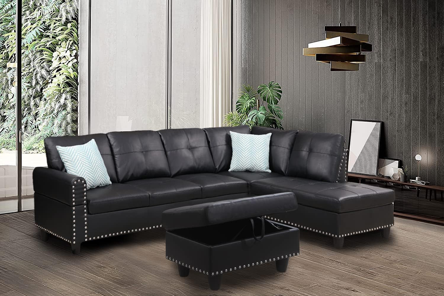 Sectional Sofa with Chaise Lounge and Ottoman Living Room Leather Sectional Set 6 Seater Corner L Shaped Couch Sofa with Cupholder, Right Facing Couch