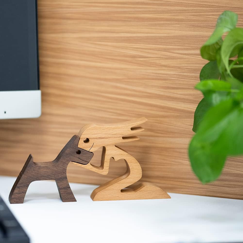 Wooden Dog Cat Family Statue, Handmade Wood Decoration, Cute Puppy, Kitty and People Sculpture Ornament Collectible Figurine Craft Arts for Home Office Living Room (Women+Puppy（L）)