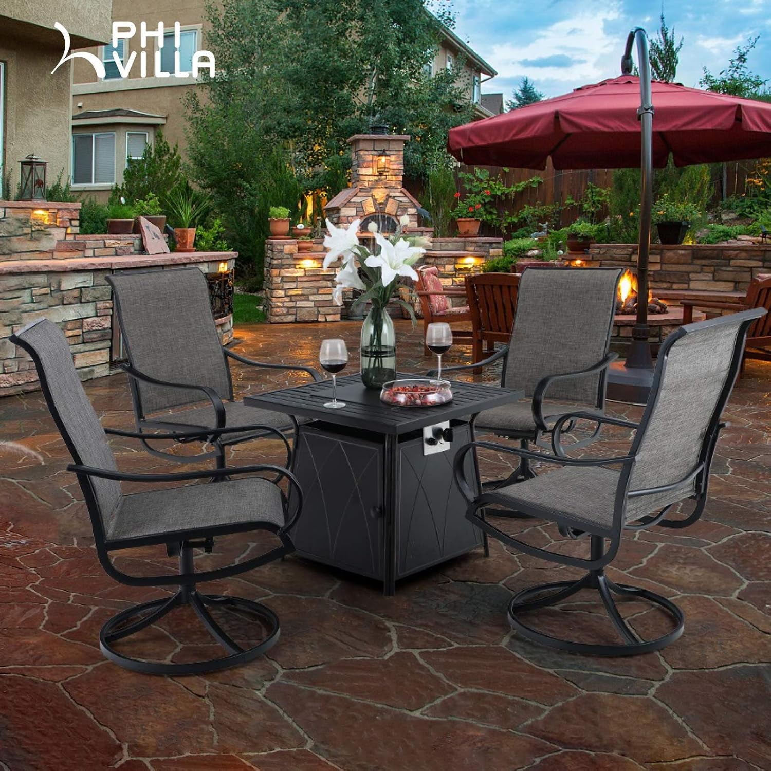 5 Piece Patio Set with Firepit Table, 4 Swivel Patio Dining Chairs & 1 28 Inch 50000 BTU Auto-Ignition Propane Gas Fire Pit Table