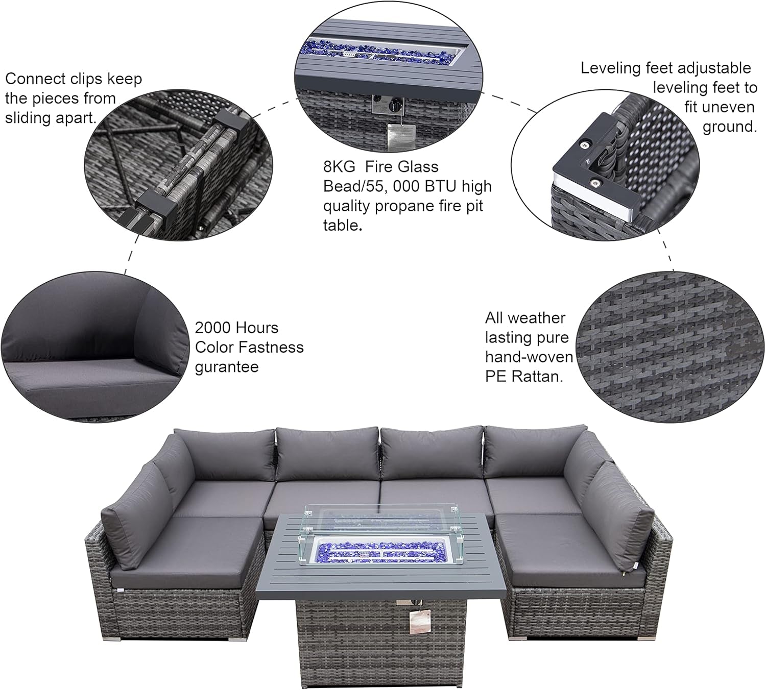 Extra Large 118" L 7-Piece Sectional Sofa Set with Fire Pit - Grey Rattan Wicker Outdoor Patio Conversation Furniture with Cushions