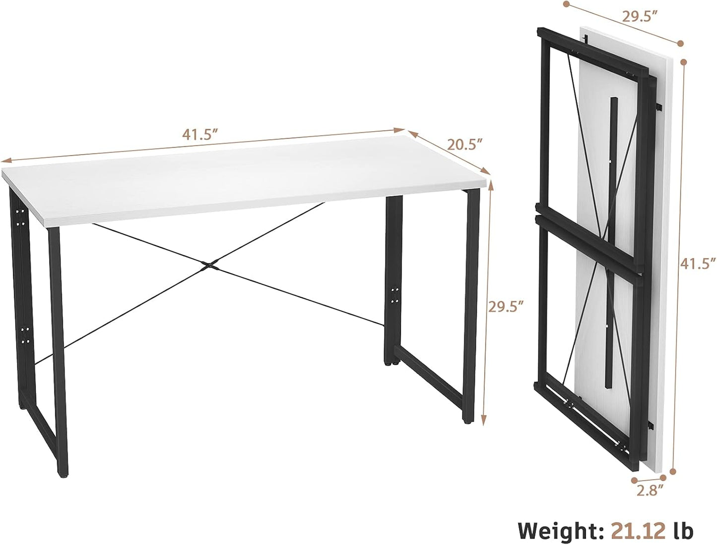 Folding Computer Desk 41 Inch No Assembly Small Work Desk for Home Office Simple Writing Desk Foldable Desk for Small Spaces, Workstation | White