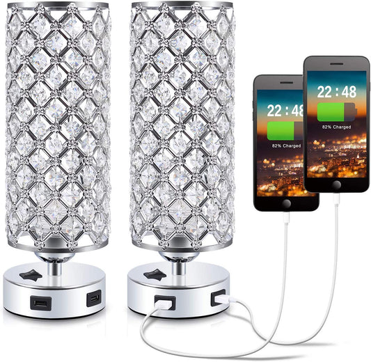 USB Crystal Table Lamps Bedside Lamps Set of 2, Modern Nightstand Lamps with Dual USB Charging Ports, Glam Bedroom Lamps Table Lamps for Bedroom, Living Room, Study Room and Office (Set of 2)