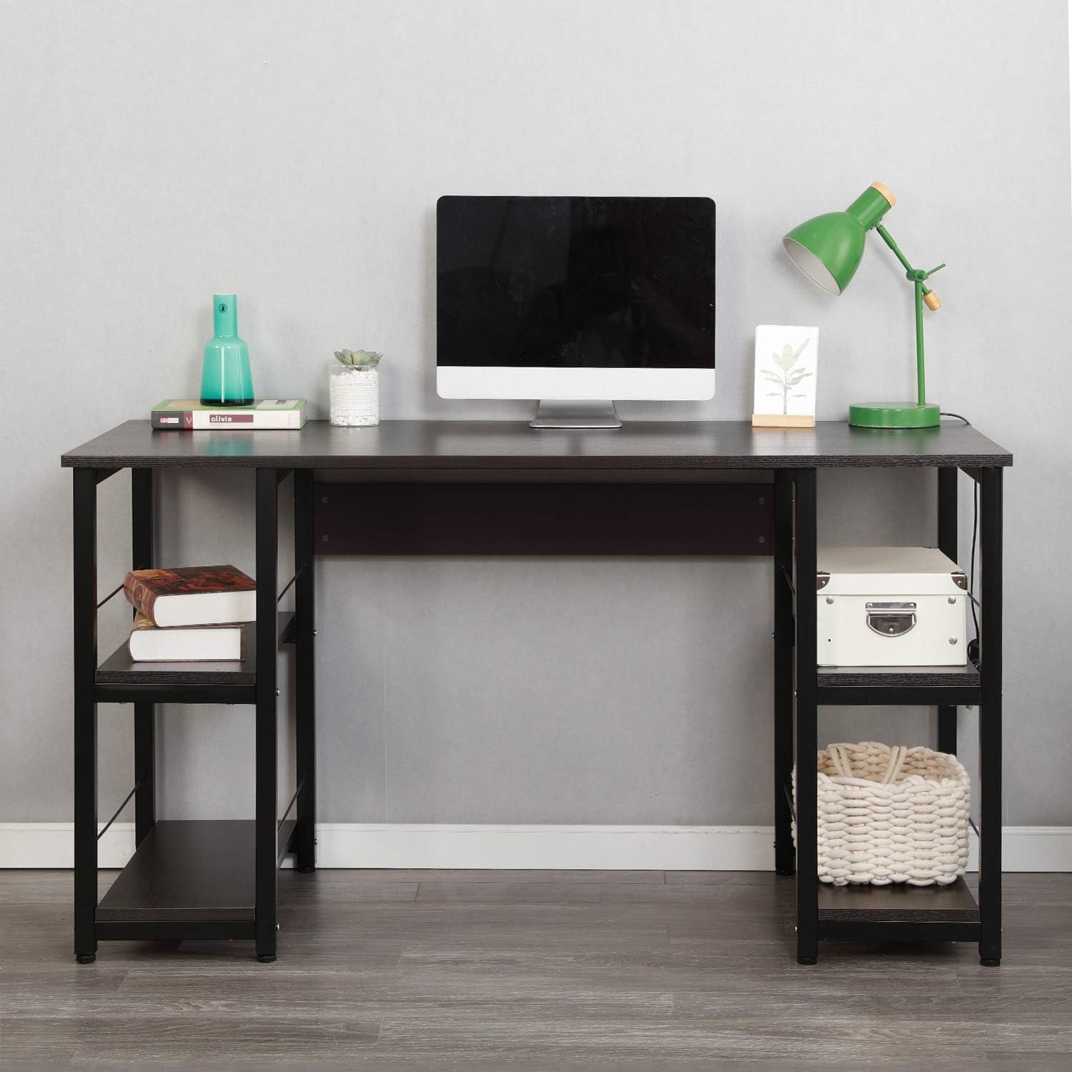 Home Office Desk 55 Inches Computer Desk, Morden Style Desk with Shelves Worksation Desk, Storage Desk Black DZ012-140-H