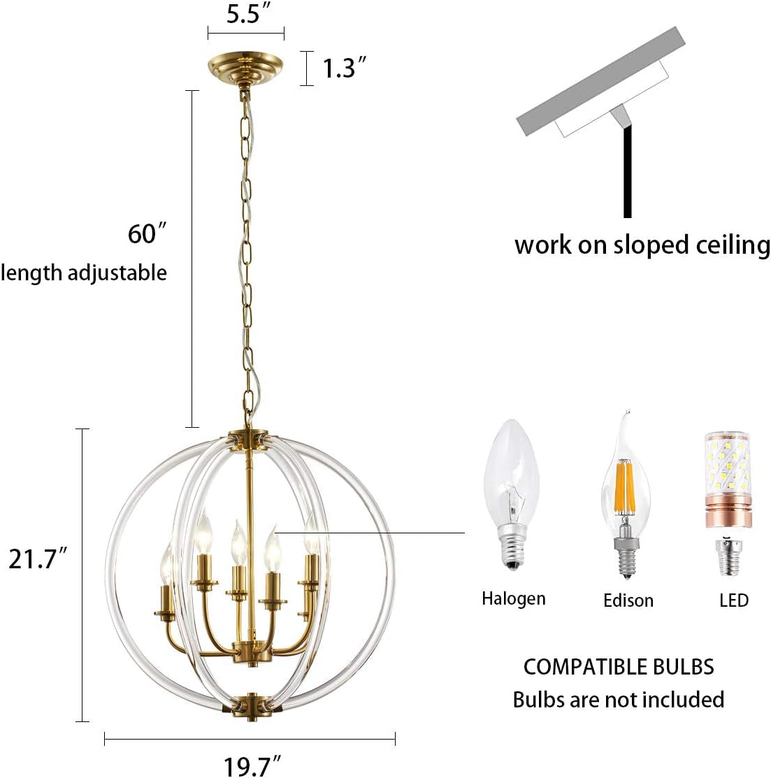 6-Light Modern Chandelier Light Fixture, Gold Globe Chandelier with Brushed Brass Finish, Gold Pendant Light for Dining Room, Bedroom, Foyer, Living Room