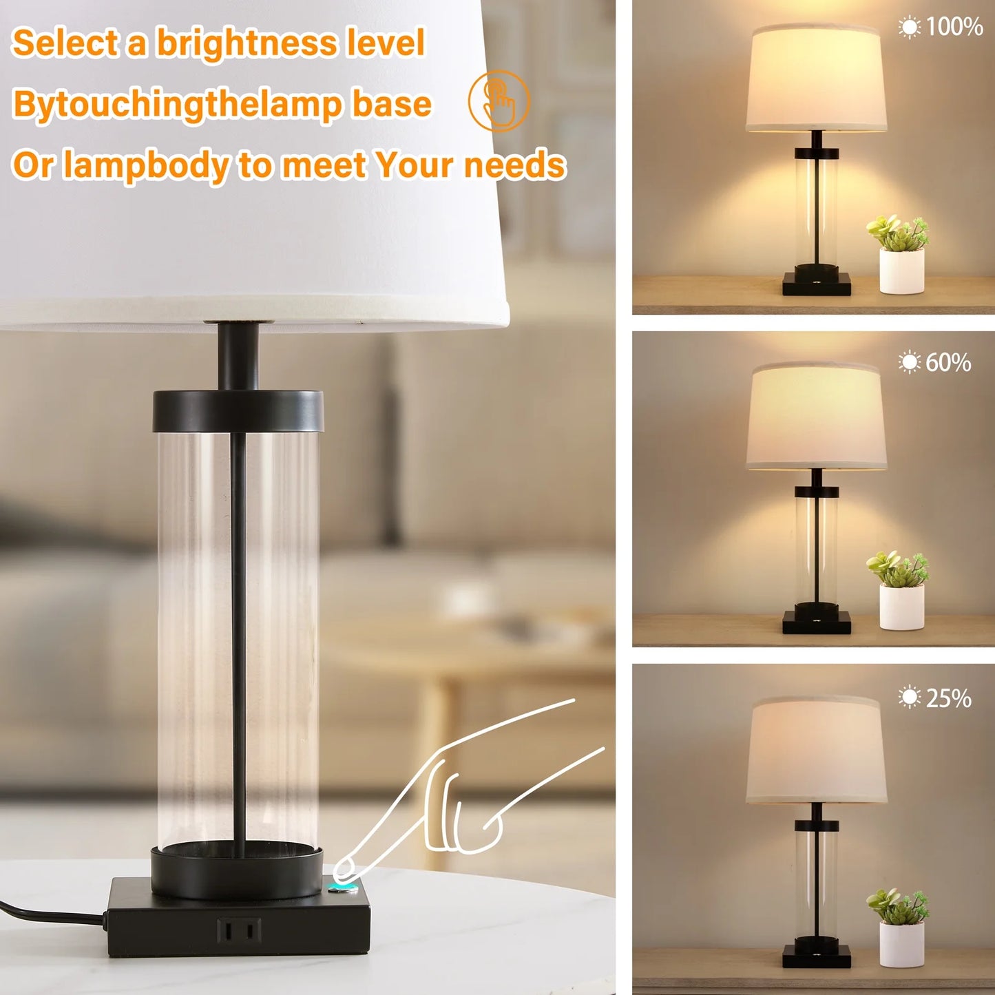 Glass Table Lamps for Bedroom with USB Ports, 3-Way Dimmable Touch Bedside Lamps Modern Nightstand Lamps for Home Lighting Decoration