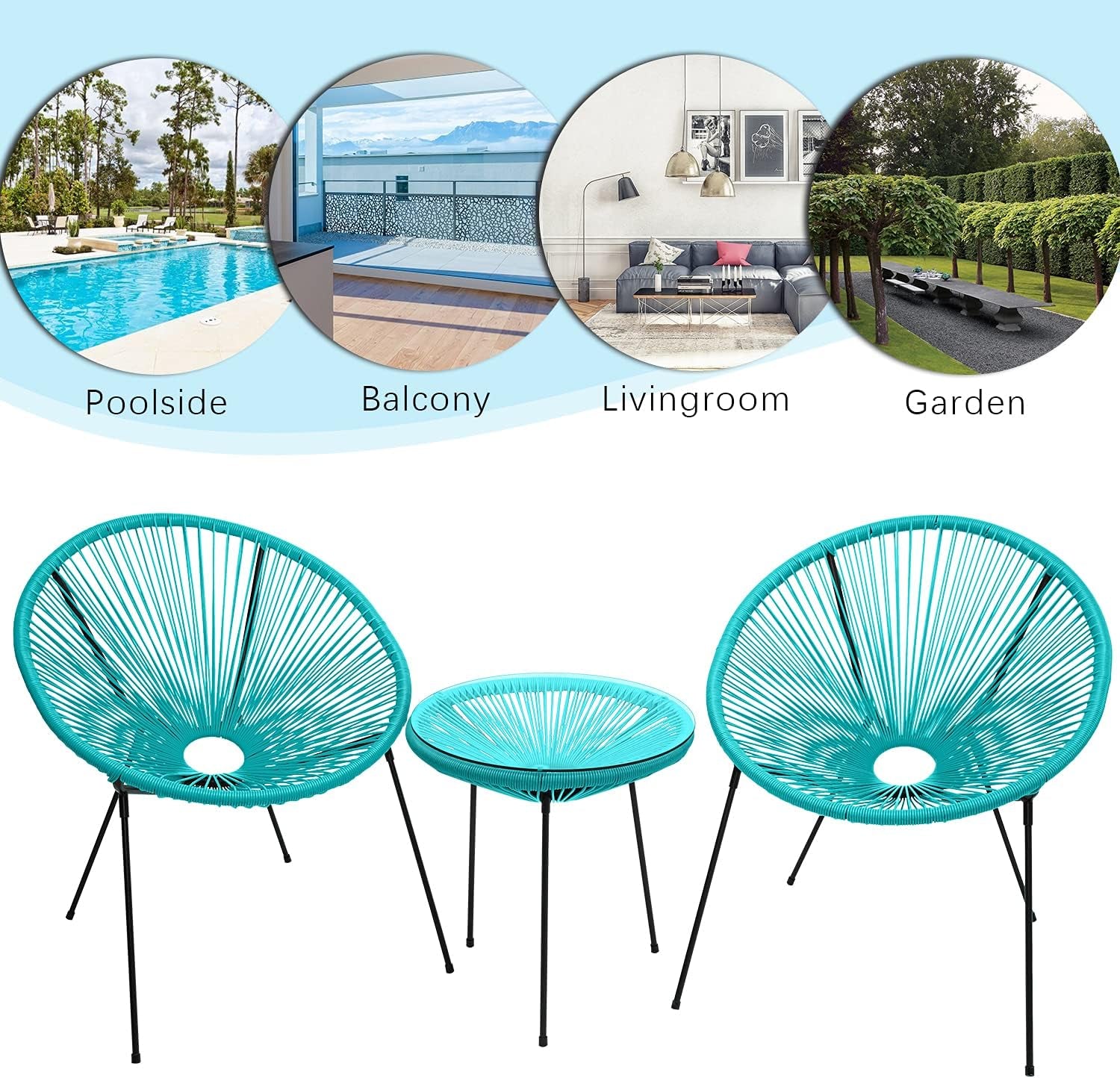 3-Piece Outdoor Acapulco Chair, All-Weather Patio Conversation Bistro Set, Modern Indoor and Outdoor Patio Furniture Set with Glass Top Table for Backyard, Livingroom, Balcony (Blue)