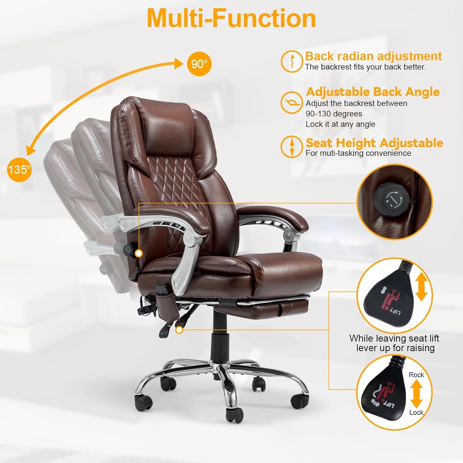 2-Point Massage Office Chair with Lumbar Support, Heated Executive Office Chair with Reclining Backrest, Computer Gaming Chair for Home Office, Brown