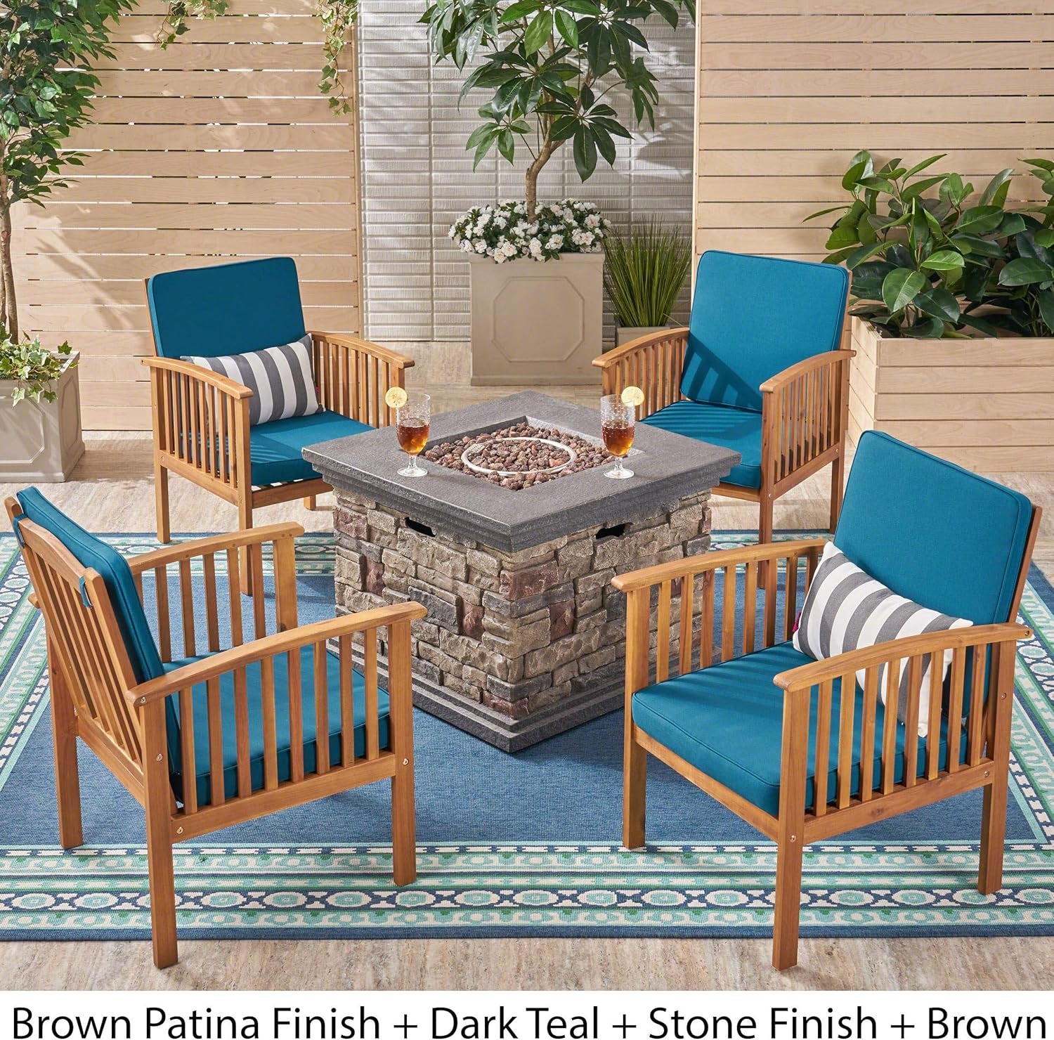 Outdoor 4-Seater Acacia Wood Club Chairs with Firepit, Brown Patina Finish and Dark Teal and Stone