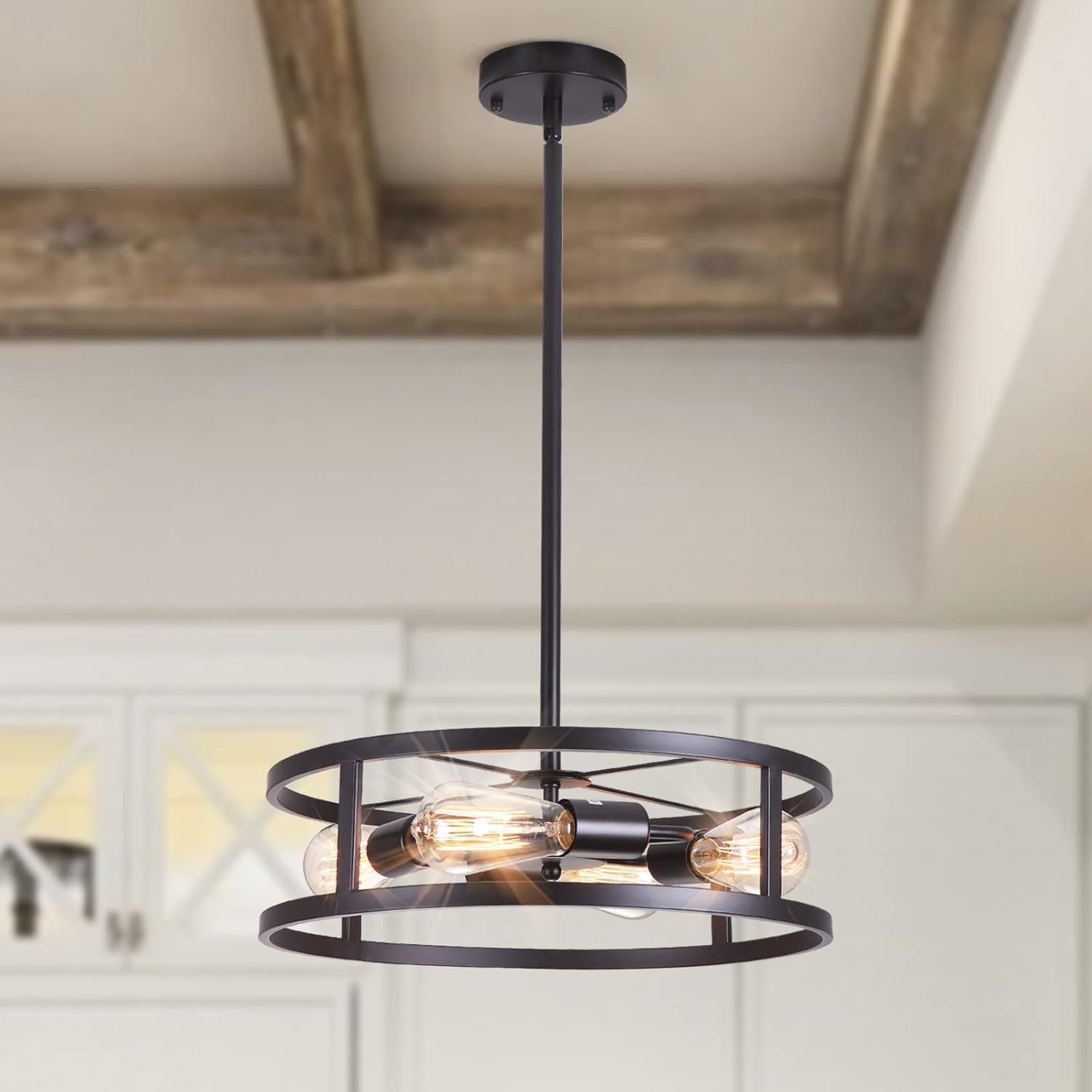 4-Light Farmhouse Semi Flush Mount Chandeliers, Black Close to Ceiling Lights with Adjustable Rods, Drum Pendant Lighting Fixture for Kitchen Living Room Bedroom Hallway Entryway