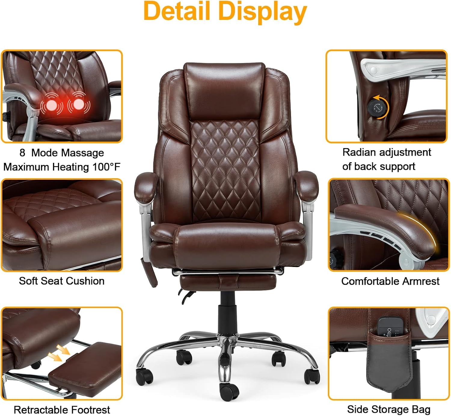 2-Point Massage Office Chair with Lumbar Support, Heated Executive Office Chair with Reclining Backrest, Computer Gaming Chair for Home Office, Brown