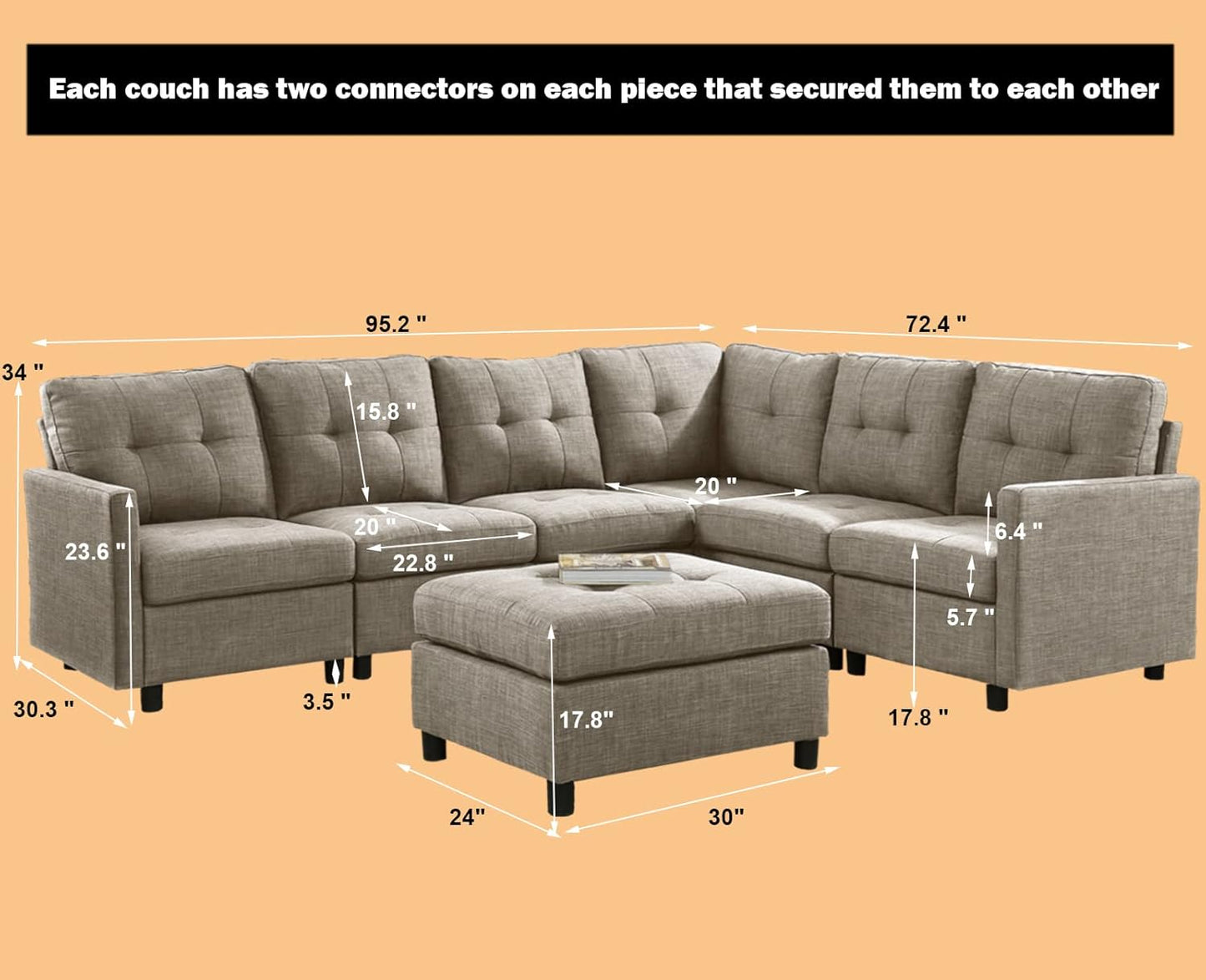 Sectional Couches Living Room Sofa Set Modular Sectional Sofa with Ottoman 6 Seater L-Shape Corner Couch Furniture Sets, Linen Grey