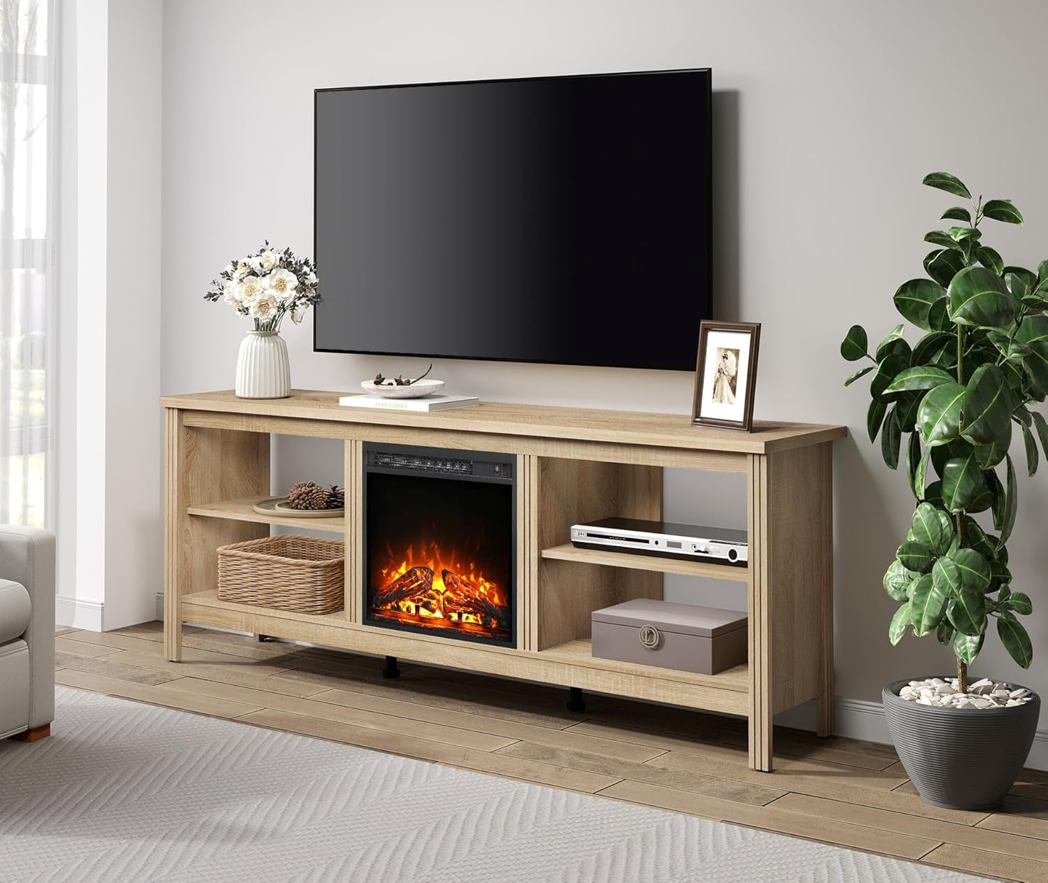 Fireplace TV Stand for 75 Inch TV Entertainment Center, Farmhouse Electric Fire Place Wood TV Console Table Cabinet with 4 Storages for Living Room Bedroom, 70'' Oak