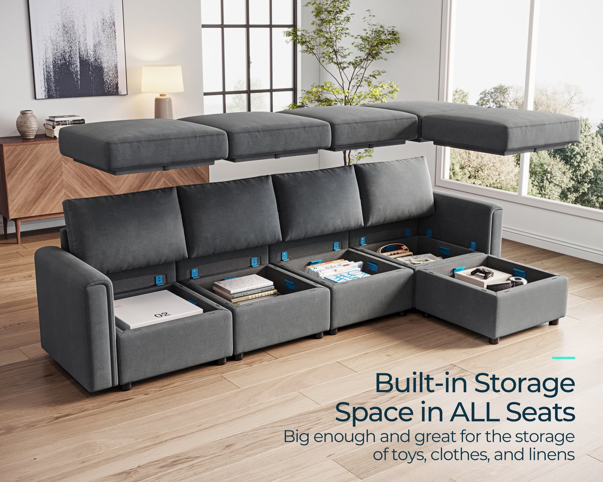 Modular Couches and Sofas Sectional with Storage, 5 Seat Sectional Sofa for Living Room, L Shaped Sectional Couch with Reversible Chaises, Dark Gray