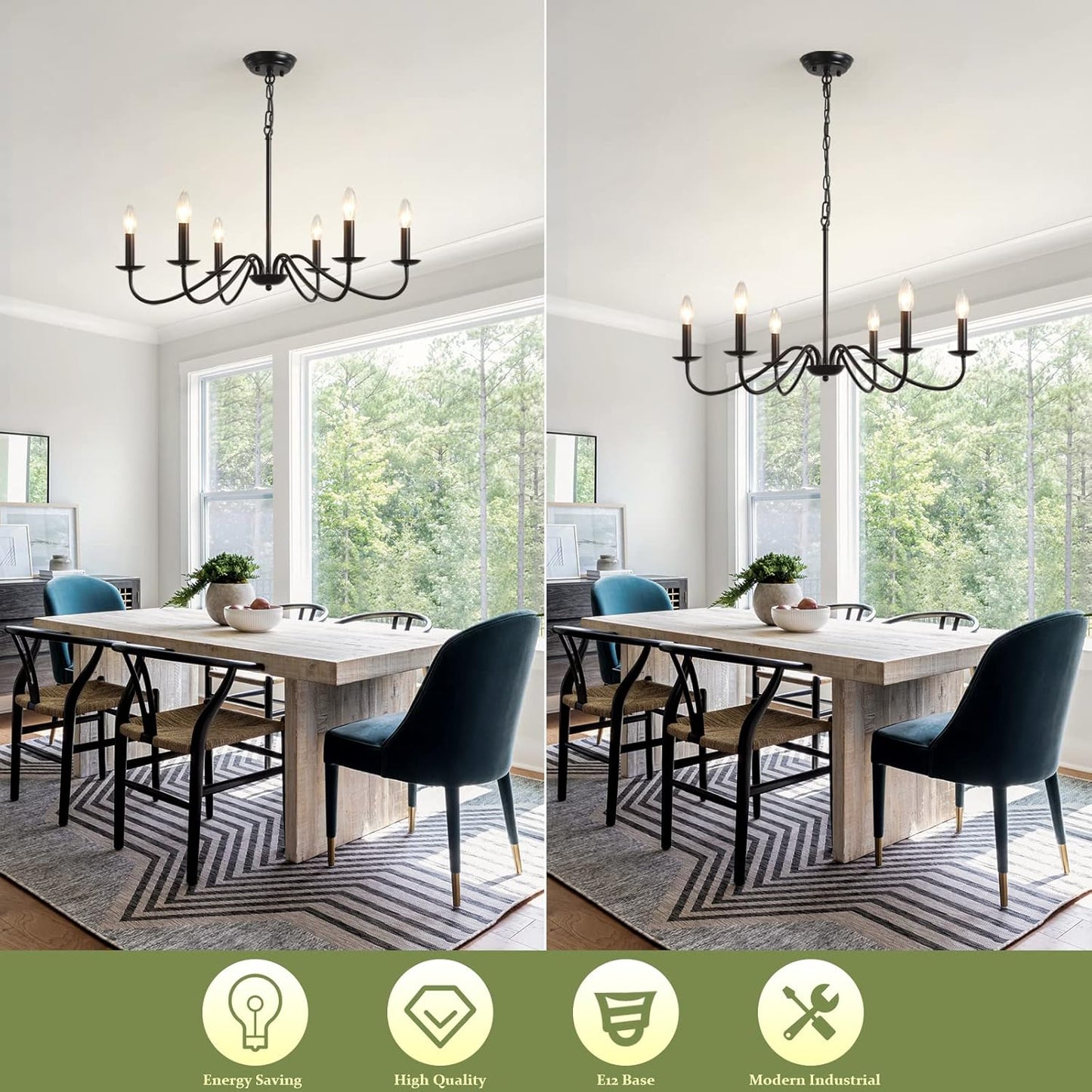 Black Chandelier 6-Light Chandeliers for Dining Room Rustic Farmhouse Chandelier Modern Kitchen Light Fixtures Ceiling Chandeliers Light Fixture for Living Room, Foyer, Bedroom, Hallway,