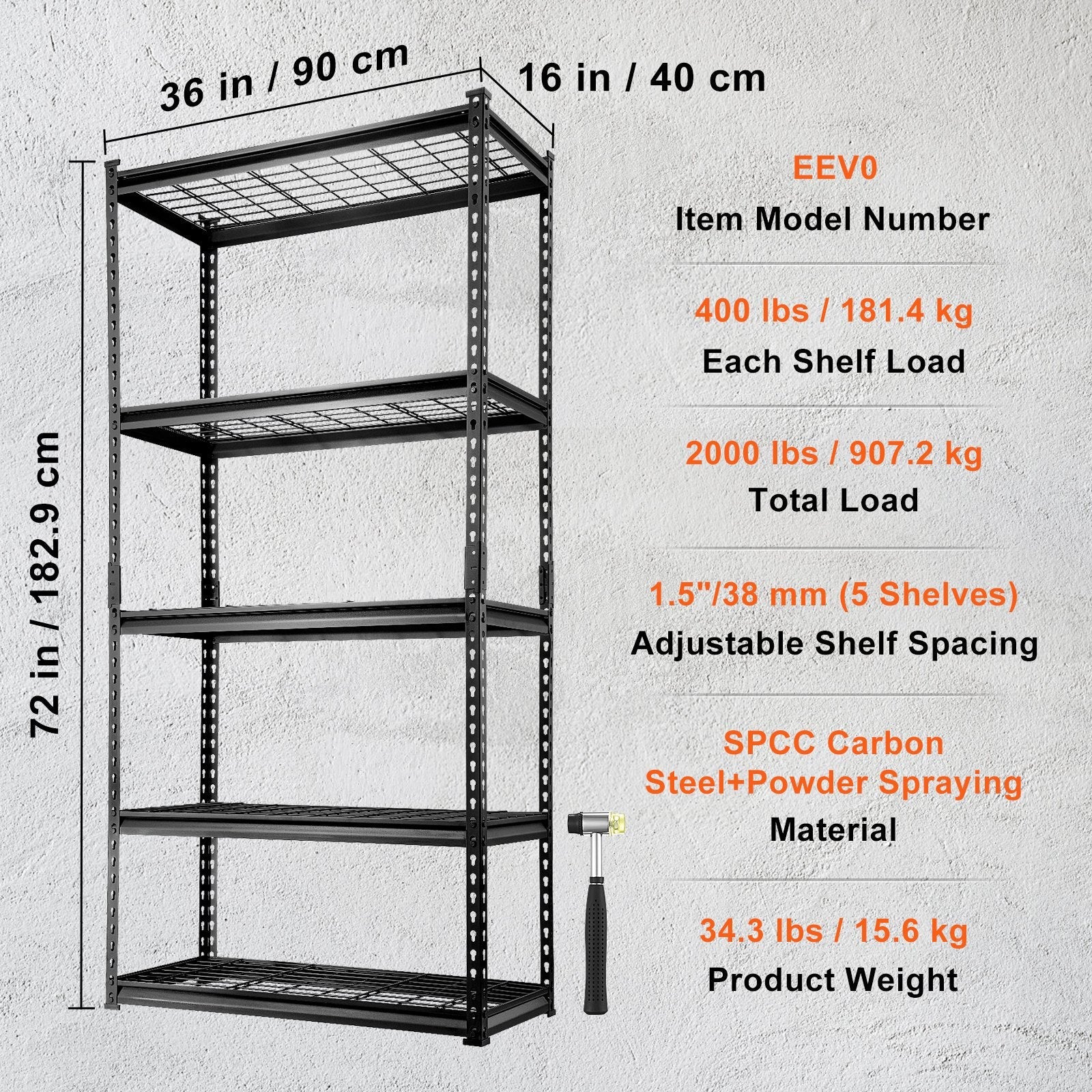 VEVOR Storage Shelving Unit, 5-Tier Adjustable, 2000 Lbs Capacity, Heavy Duty Garage Shelves Metal Organizer Wire Rack, Black, 36 L X 16 W X 72 H for Kitchen Pantry Basement Bathroom Laundry Closet