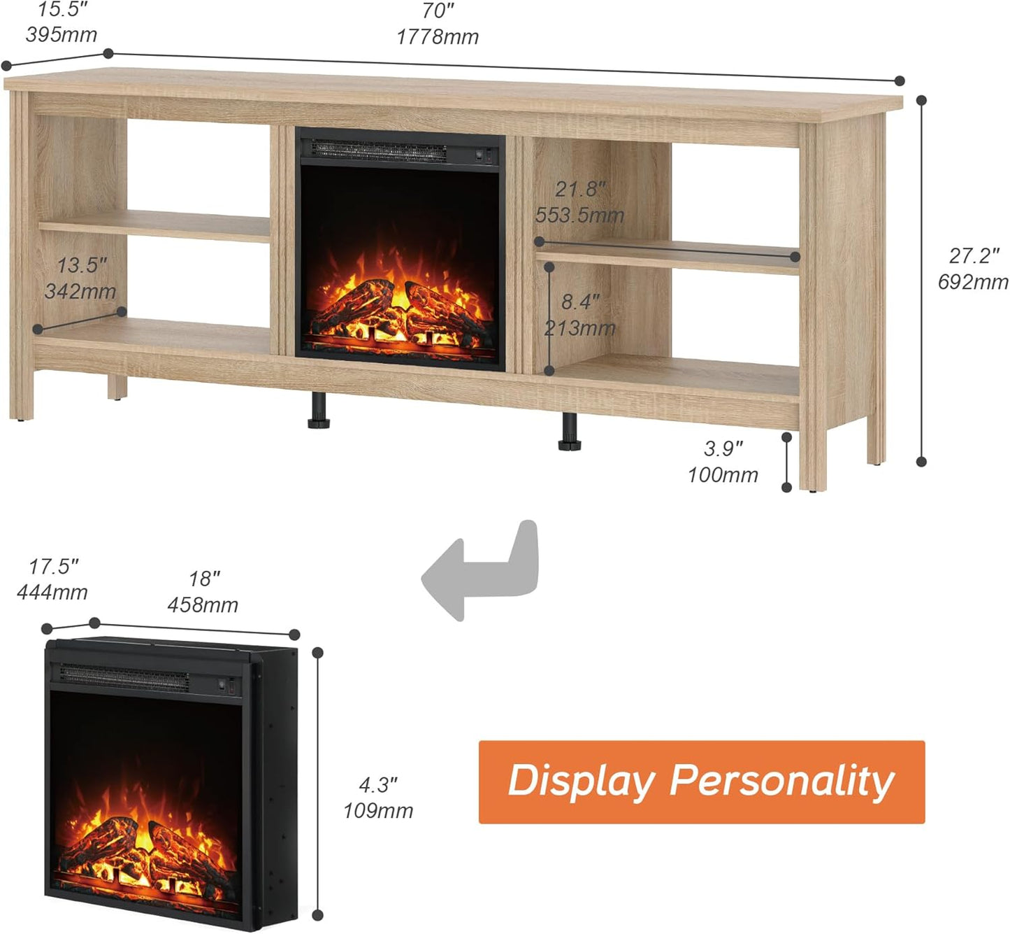 Fireplace TV Stand for 75 Inch TV Entertainment Center, Farmhouse Electric Fire Place Wood TV Console Table Cabinet with 4 Storages for Living Room Bedroom, 70'' Oak