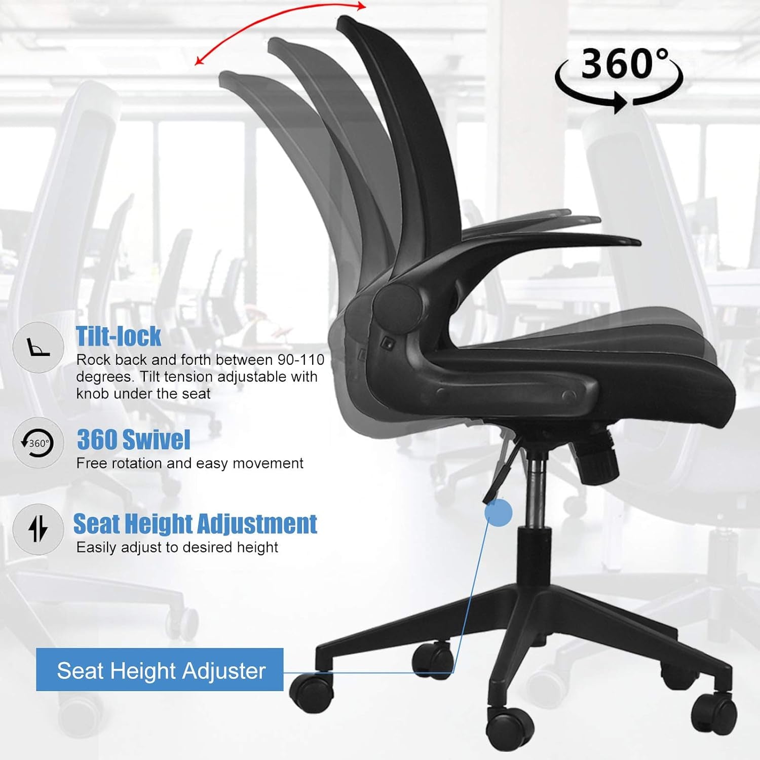 Foldable Office Chair - Home Office Desk Chairs with Flip-Up Arms and Foldable Backrest, Mesh Computer Chair Foldable Executive Office Chair (Black)