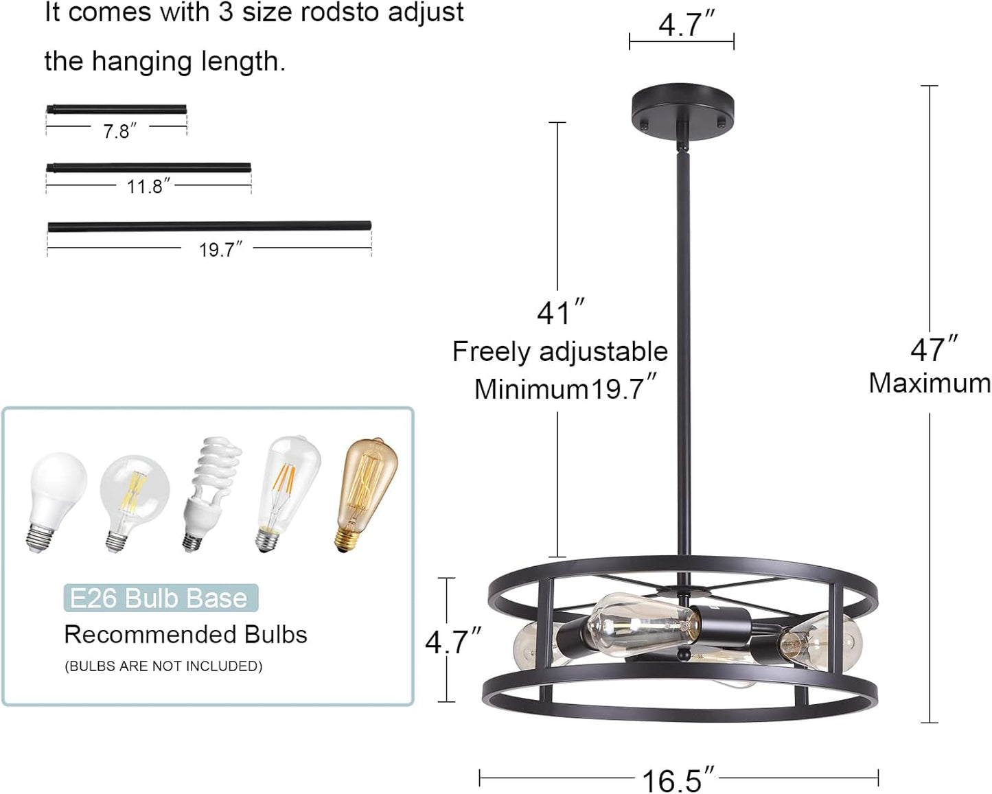 4-Light Farmhouse Semi Flush Mount Chandeliers, Black Close to Ceiling Lights with Adjustable Rods, Drum Pendant Lighting Fixture for Kitchen Living Room Bedroom Hallway Entryway