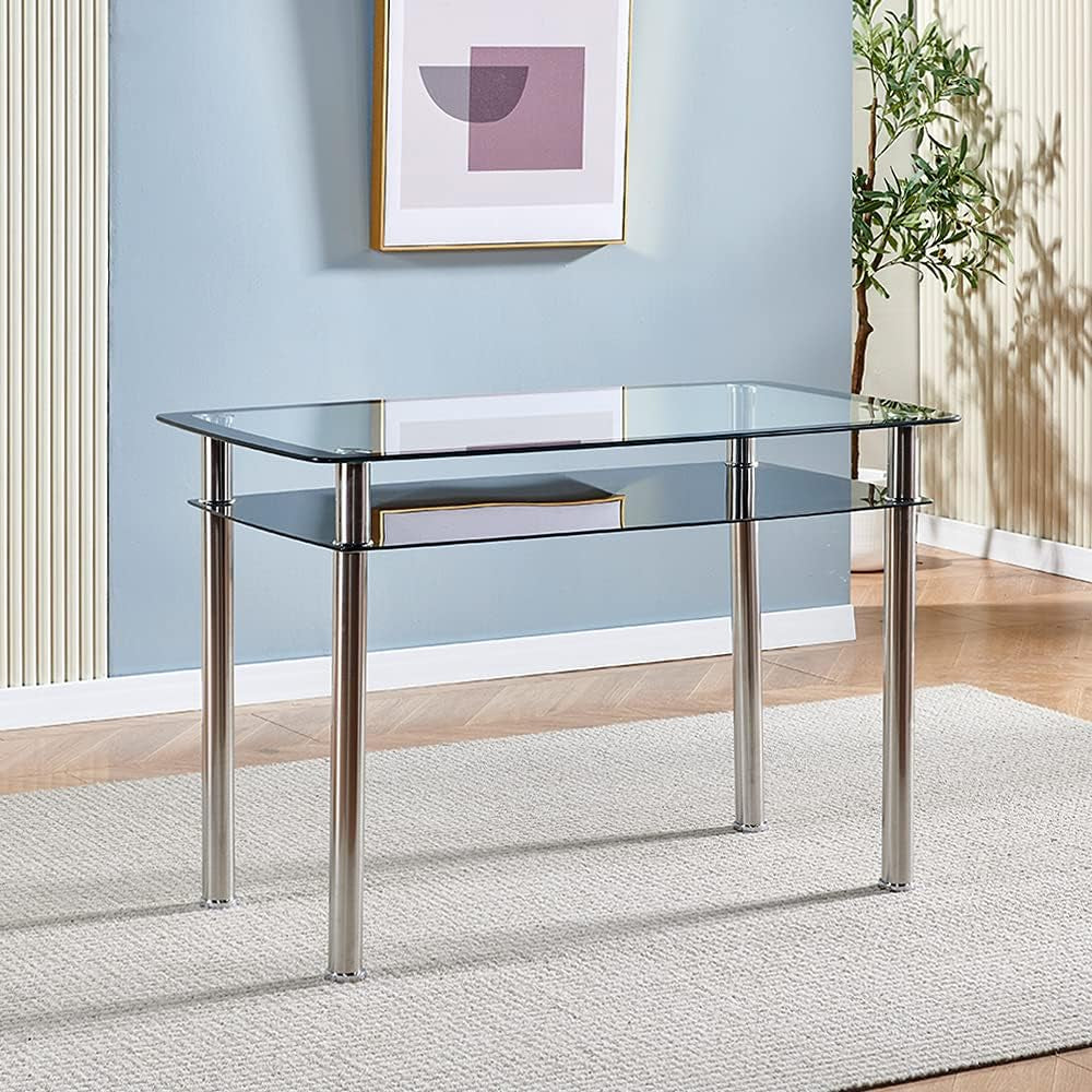 Dining Table with Chairs, Glass Dining Table with Storage Shelf 2-Tier Kitchen Table with PU Leather Chairs Chic Living Room Kitchen Table with Steel Legs