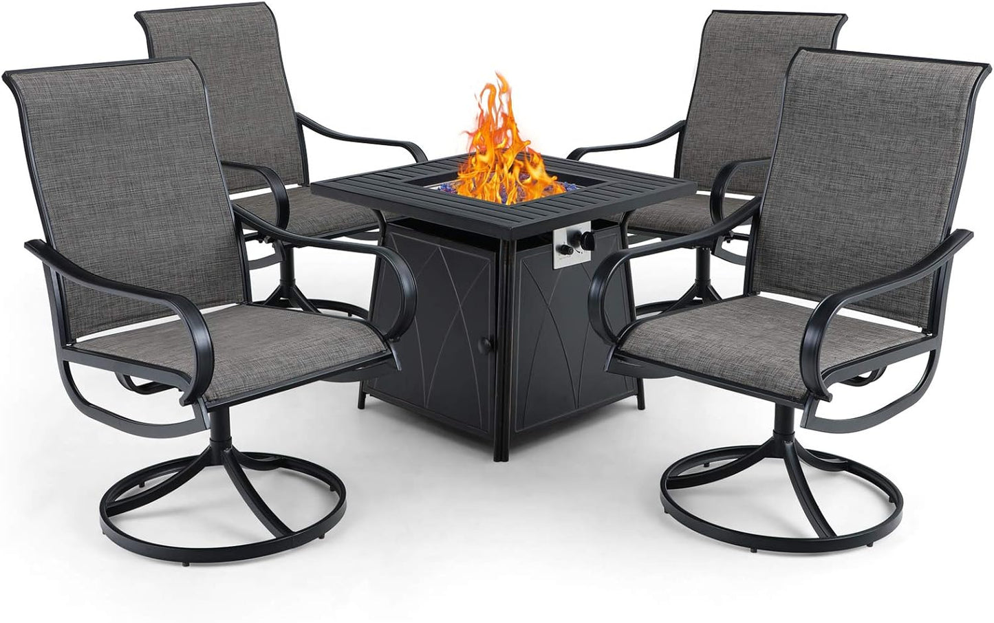 5 Piece Patio Set with Firepit Table, 4 Swivel Patio Dining Chairs & 1 28 Inch 50000 BTU Auto-Ignition Propane Gas Fire Pit Table