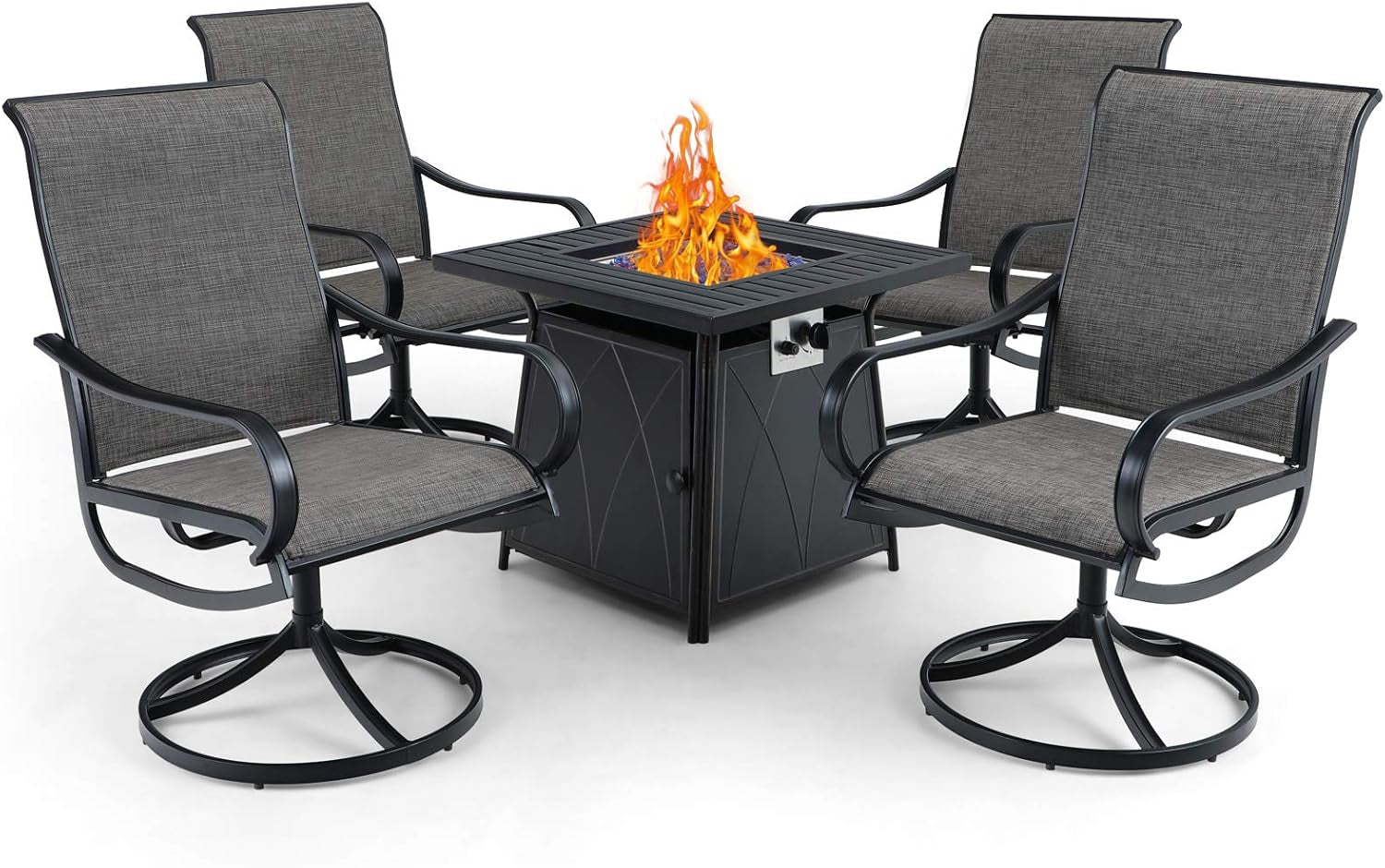 5 Piece Patio Set with Firepit Table, 4 Swivel Patio Dining Chairs & 1 28 Inch 50000 BTU Auto-Ignition Propane Gas Fire Pit Table