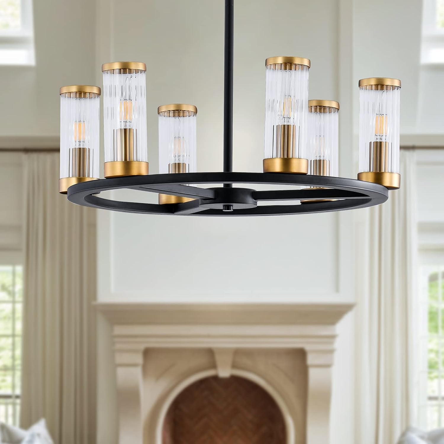 Modern Farmhouse Chandelier, 6-Light 22” Industrial Wagon Wheel Chandelier with Rippled Glass Shade,Black and Gold Rustic Chandelier for Dining Room,Kitchen,Living Room,Entryway,Foyer