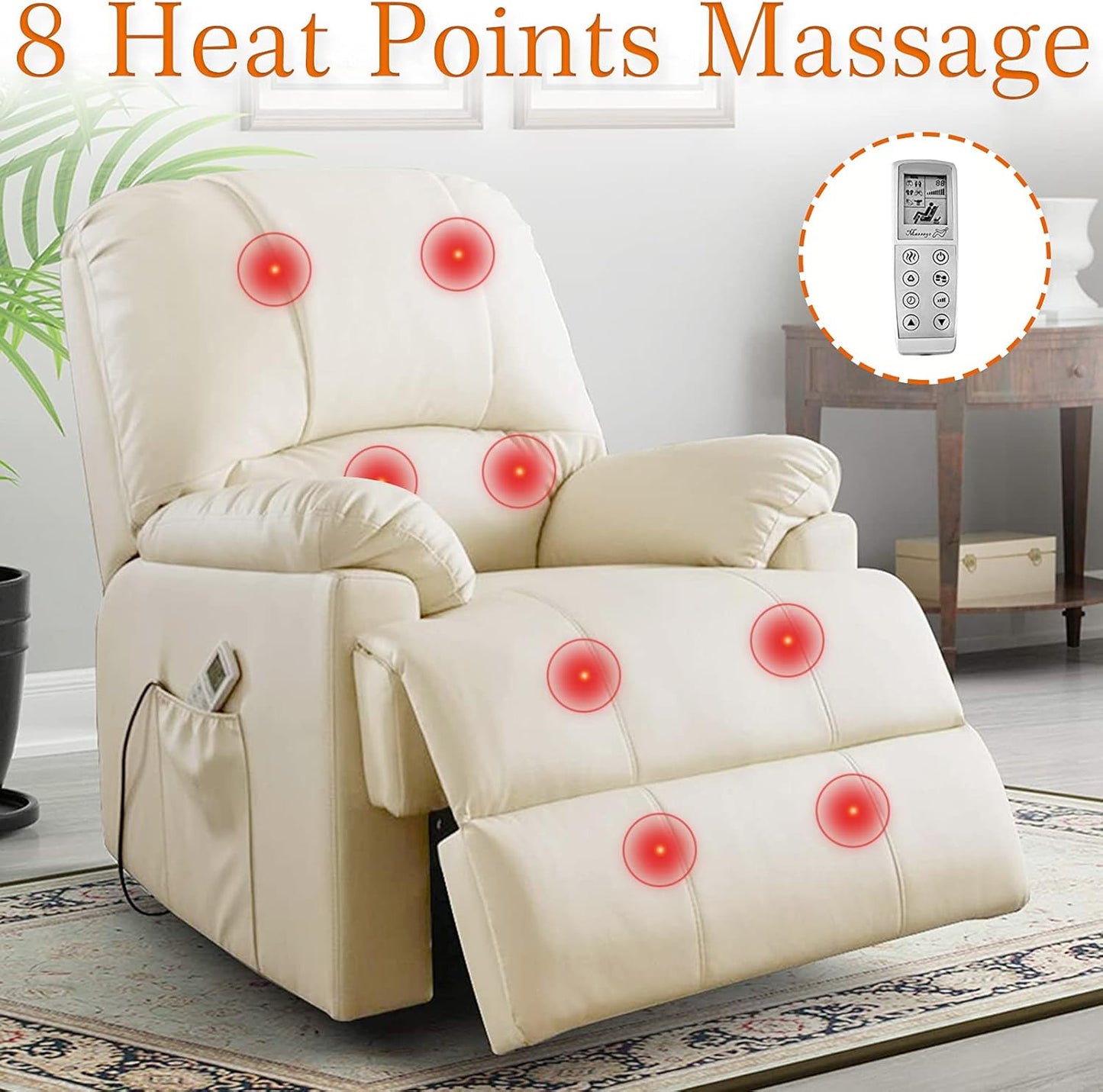 Power Lift Chair, Electric Recliner Lift Chair with Heat and Massage for Elderly Pregnancy, Breath Leather Ergonomic Reclining Sofa Chair up to 330 LB with Side Pocket and Remote Controls (Beige)