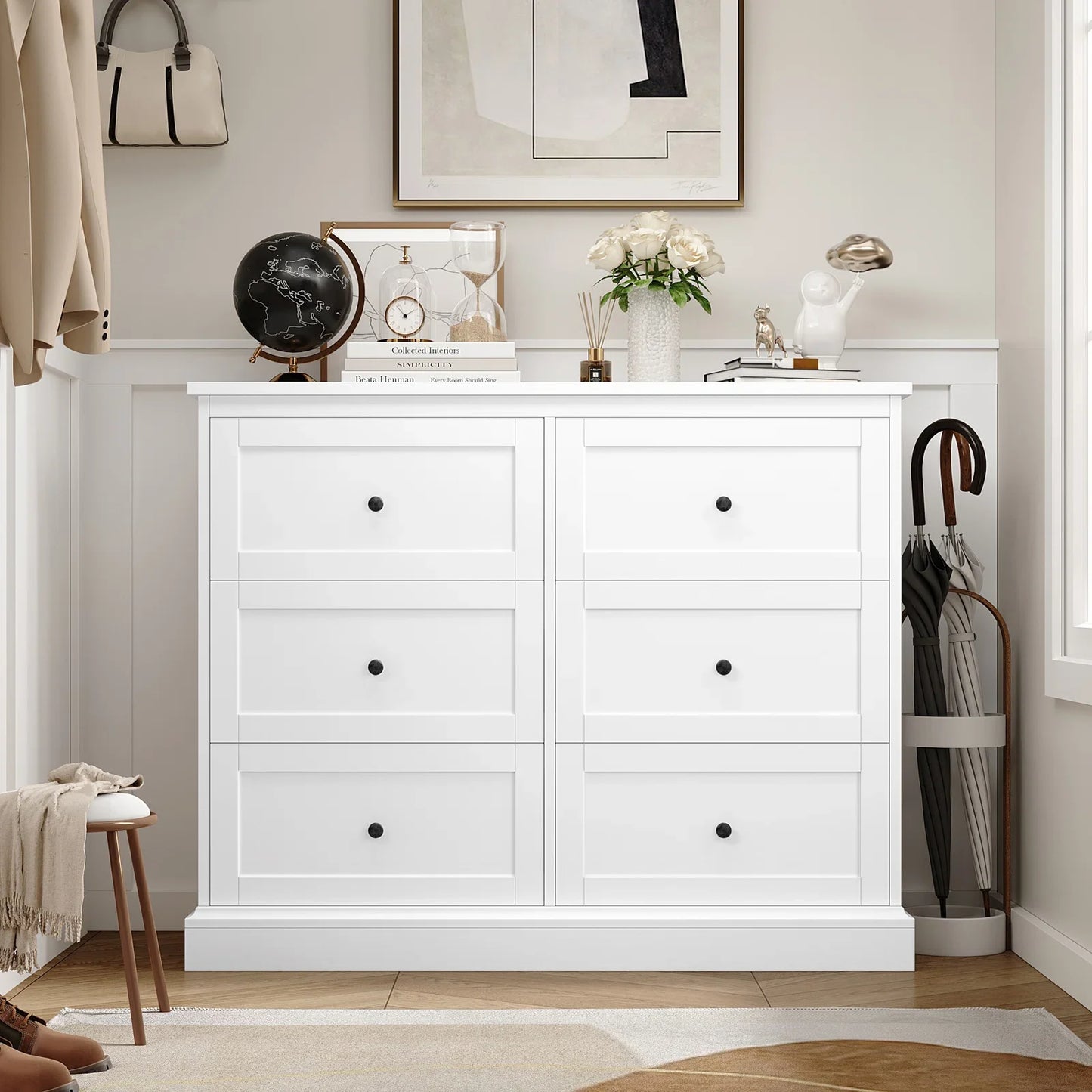 White Dresser with 6 Drawer , 42.5" Wide Double Dresser for Bedroom, Wooden Dresser Chest of Drawers