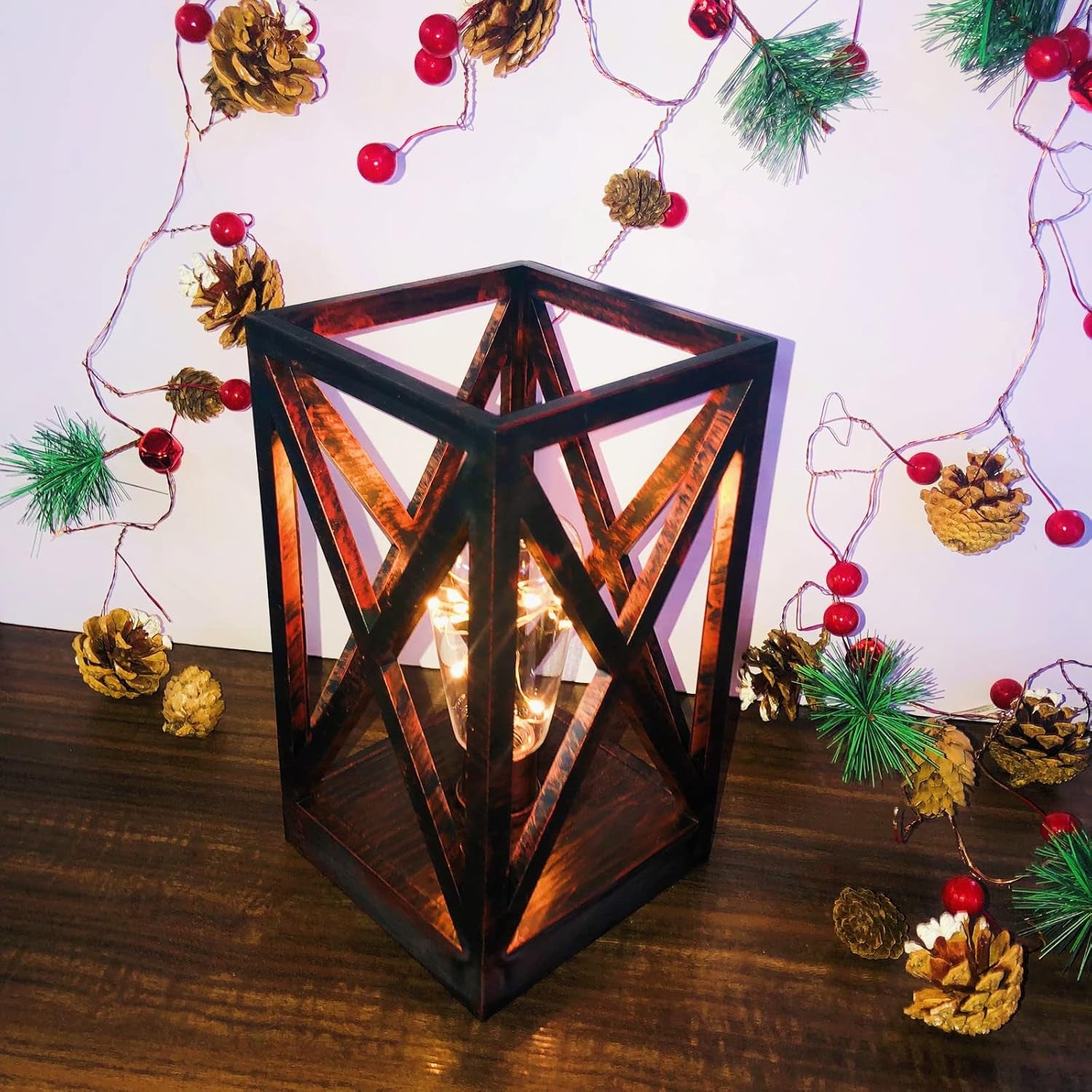 Christmas LED Decorative Lantern Geometric Square Cage Lamp Retro Table Lamp Battery-Powered Cordless Lamp Night Light with Bulbs (Rosegold)