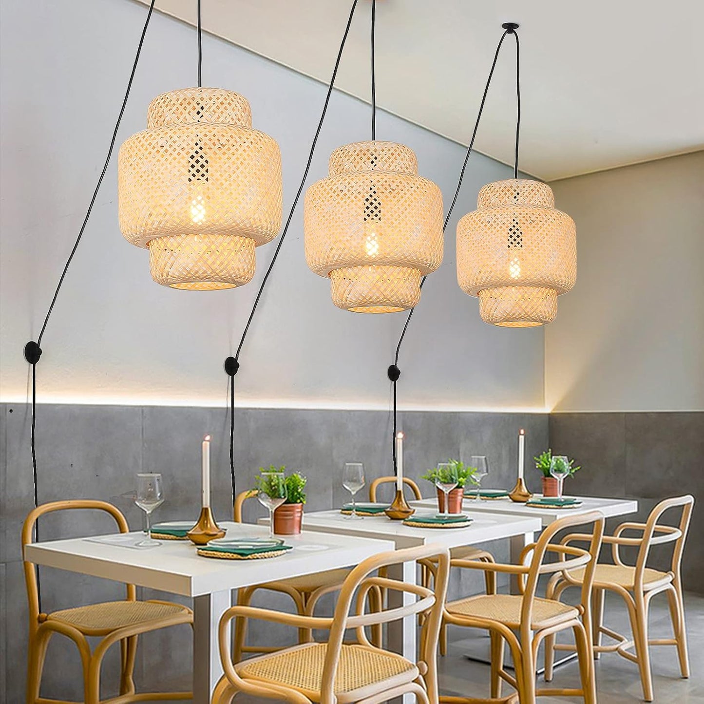 Hand Woven Bamboo Pendant Lighting for Kitchen Island, Plug in Cord Ceiling Hanging Wicker Lamp, Rattan Basket Chandelier Bamboo Light Fixture for Living Room Dining Room Restaurant(Cake Shape)