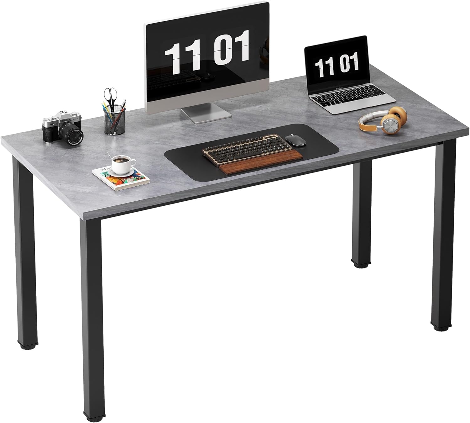 Computer Desk, 47 Inch Home Office Desk, Modern Simple Style Home Office Gaming Desk, Basic Writing Table for Study Student, Black Metal Frame, Grey