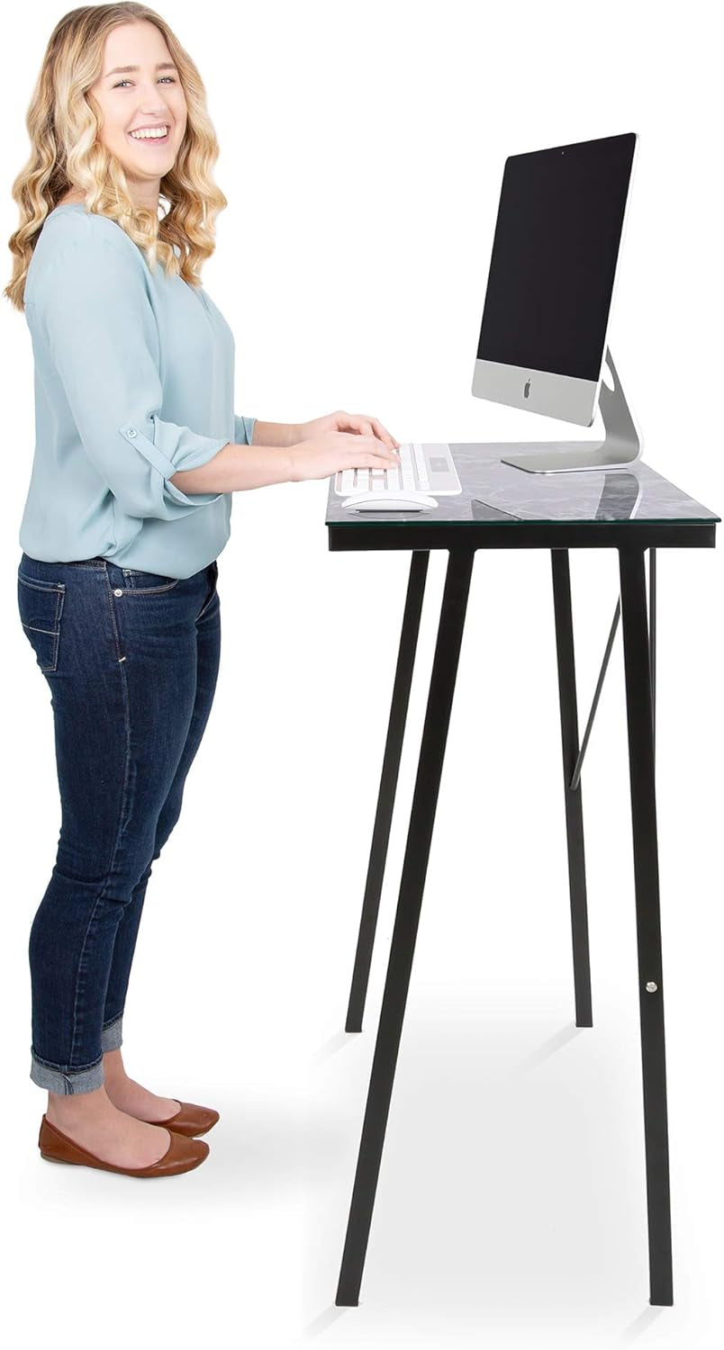 Joy Desk | Compact Multifunctional Standing Table for Home & Office | Modern Glass Top with Stylish Marble Design | Space-Saving Standing Desk for Small Workspaces (Marble / 32In X 41In)