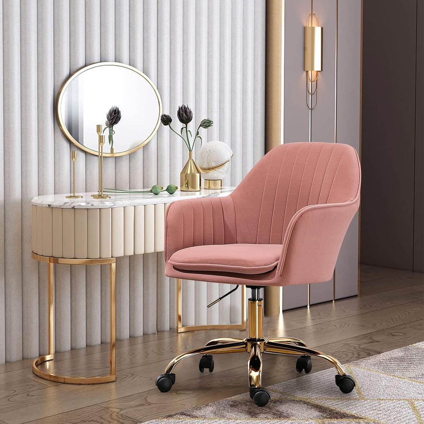 Pink Chair Cute Office Chair, Mid-Back Vanity Chair Adjustable Task Office Chair 360°Swivel Roller Chair with Arms and Gold Metal Base for Home Office, Vanity Room, Bedroom