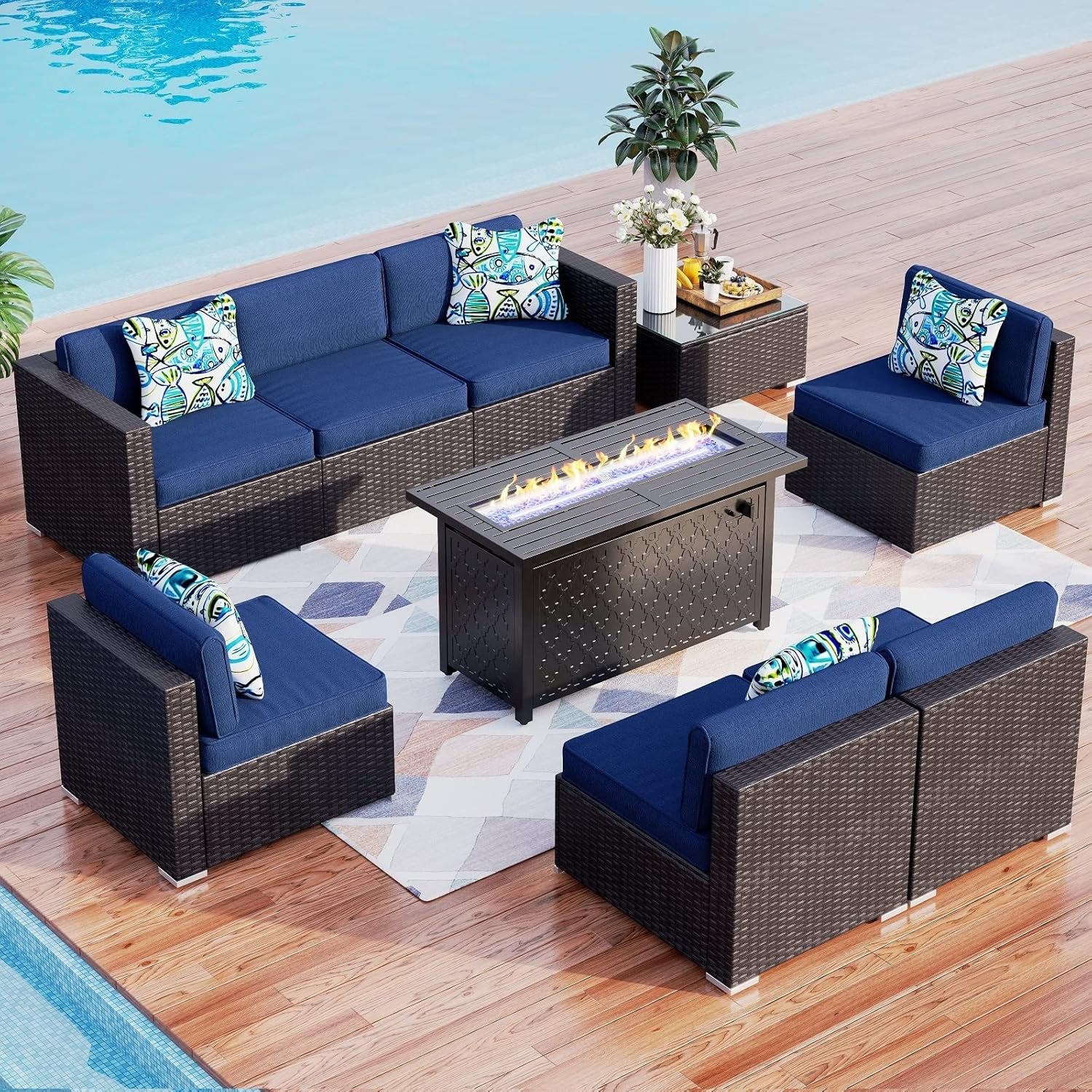 9 PCS Outdoor Patio Furniture Set with 45-Inch Gas Fire Pit Table Rattan Patio Outdoor Sectional Sofa Set W/Coffee Table & 50,000 BTU Auto-Ignition Firepit, Navy Blue