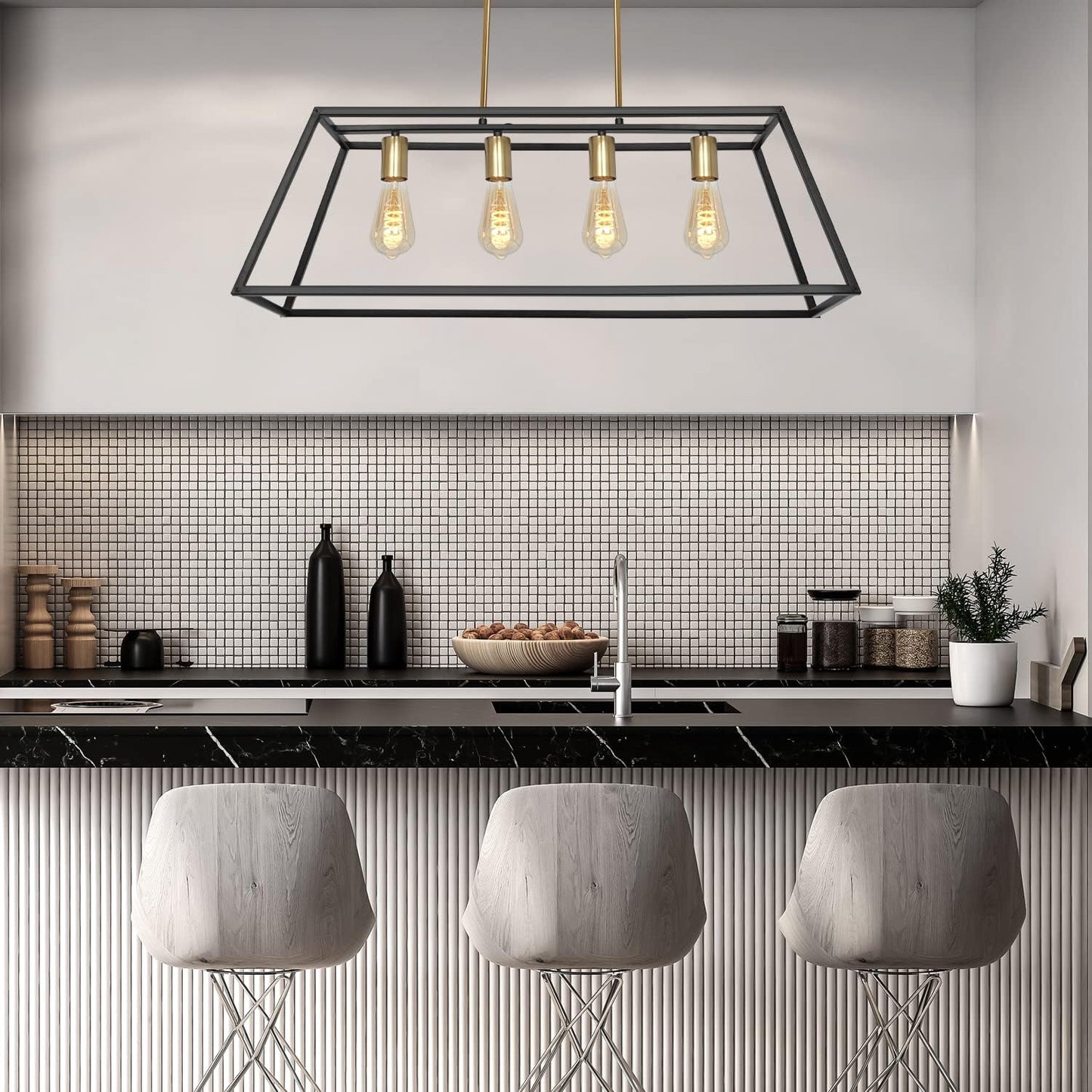 Modern Black Brass Kitchen Island Chandelier, Industrial Gold Linear Dining Room Lighting, Farmhouse Pendant Light for Living Room Bar (4-Light, Black & Brass)