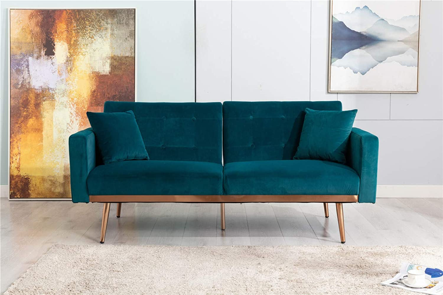 63" Accent Sofa, Mid Century Modern Velvet Fabric Couch， Convertible Futon Sofa Bed ，Recliner Couch Accent Sofa Loveseat Sofa with Gold Metal Feet (Teal)