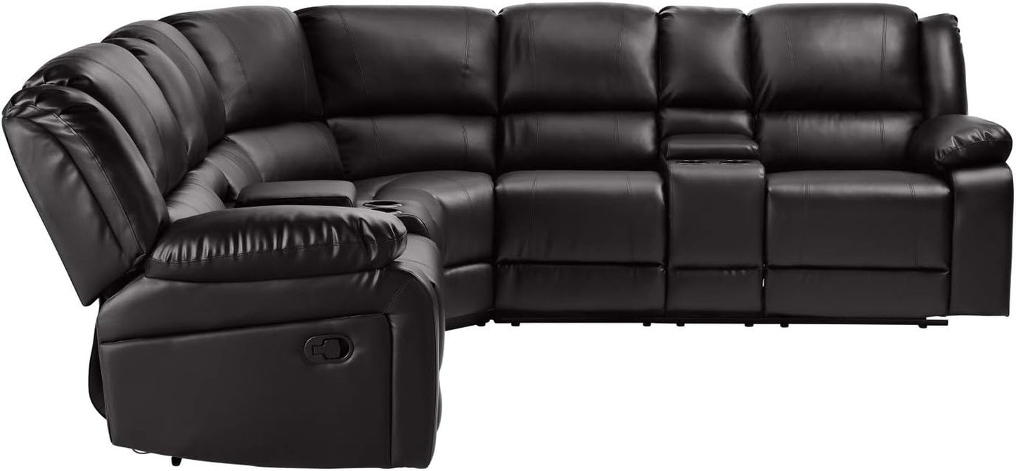 Symmertrical Reclining Sectional Sofa, Leather Sectional Sofa with Manual Recliner and 2 Cup Holder, Corner Sofa Couch with 2 Center Consoles, Large Sectional Couches for Living Room (Black)