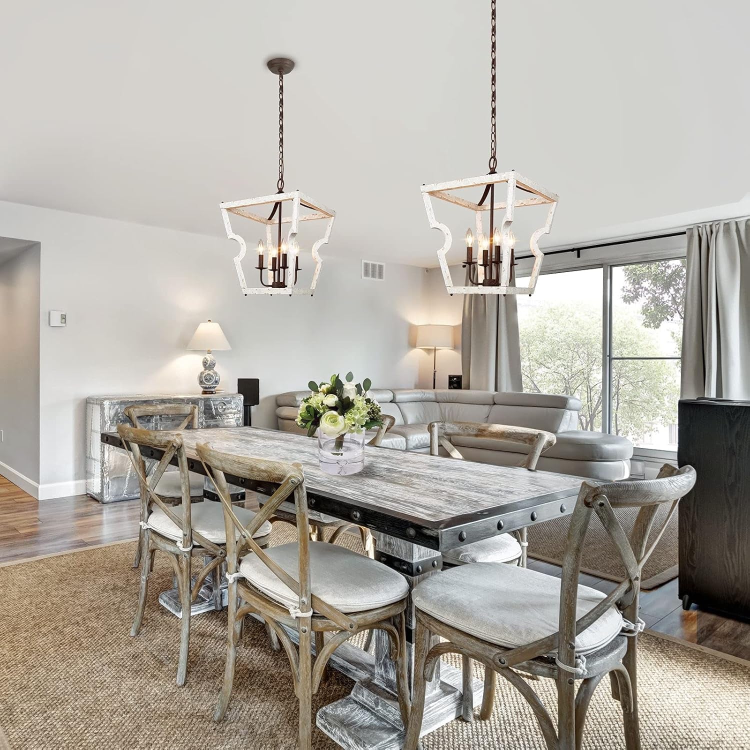 Farmhouse Chandelier, 4-Light Foyer Lighting, Wood Chandelier for Dining Room, Entryway, Weathered White Wood