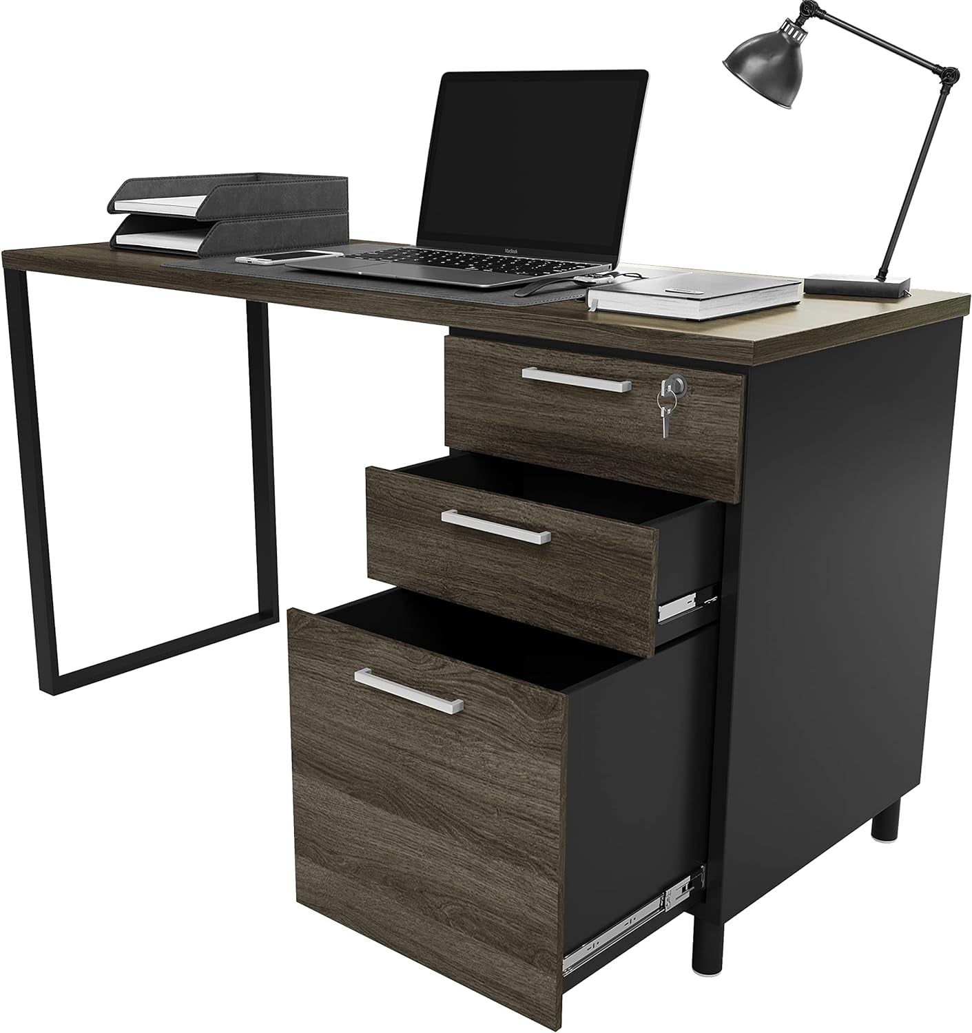 Modern Design Milano Office Computer Desk with 3 Locking Drawers, 48 Inch Grey and Black Wood Desk with Filing Drawer and Storage by Crafts and Comfort