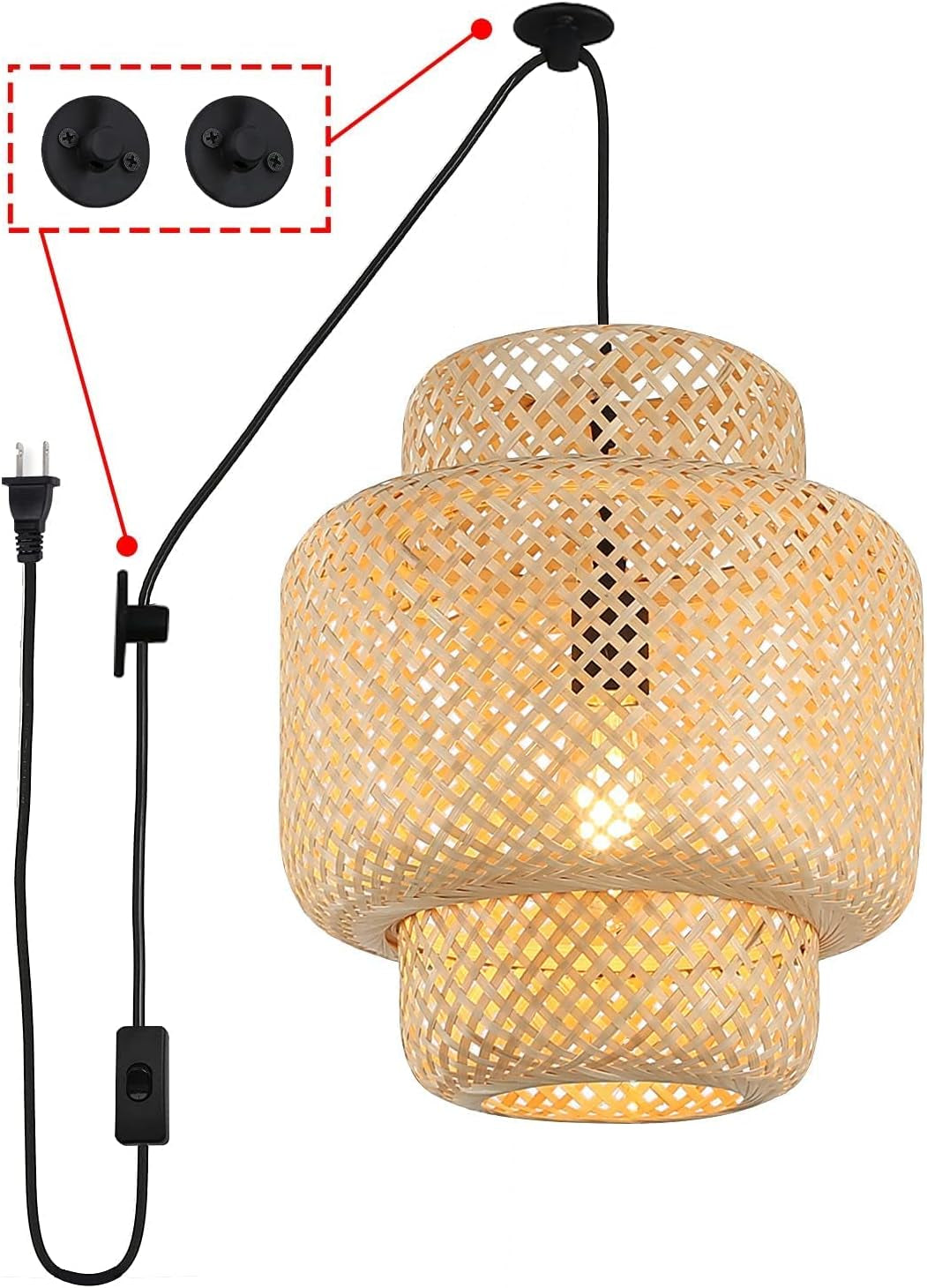 Hand Woven Bamboo Pendant Lighting for Kitchen Island, Plug in Cord Ceiling Hanging Wicker Lamp, Rattan Basket Chandelier Bamboo Light Fixture for Living Room Dining Room Restaurant(Cake Shape)