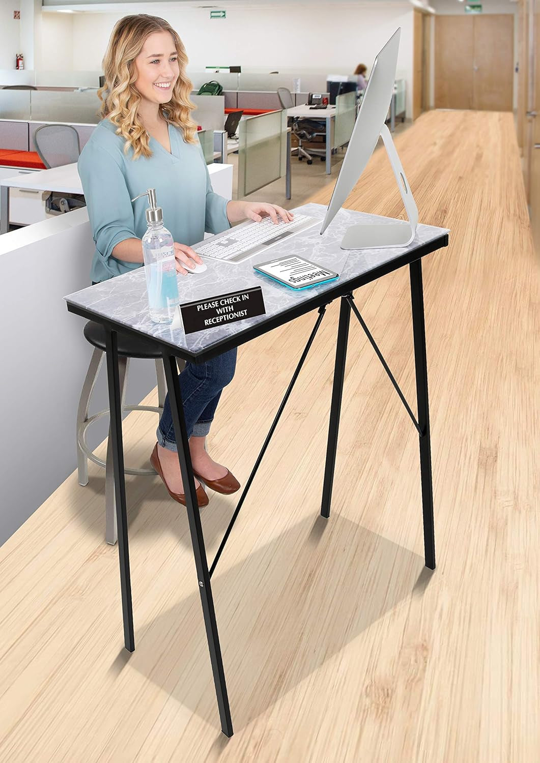 Joy Desk | Compact Multifunctional Standing Table for Home & Office | Modern Glass Top with Stylish Marble Design | Space-Saving Standing Desk for Small Workspaces (Marble / 32In X 41In)